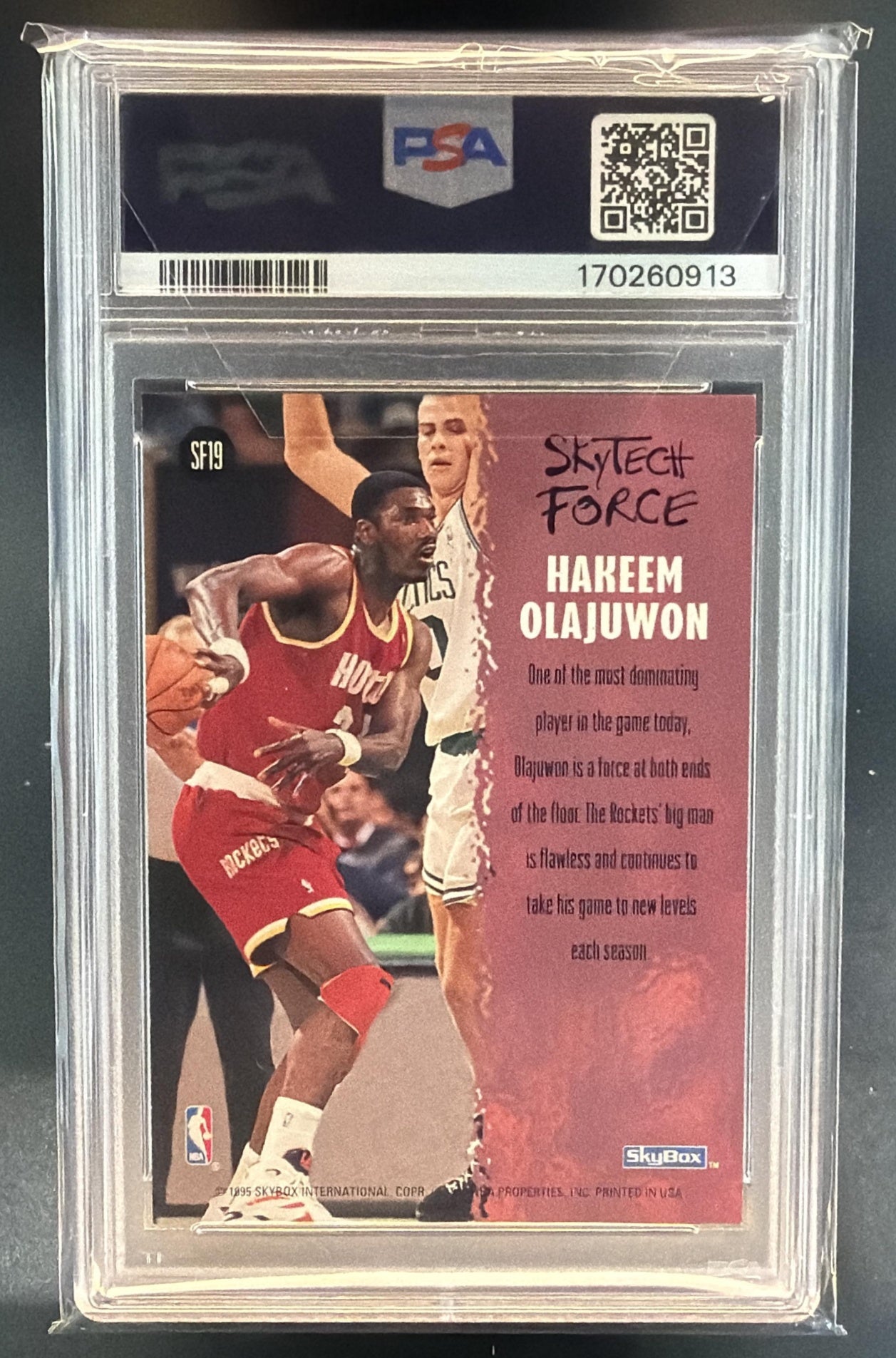 1994-95 Skybox Premium Hakeem Olajuwon #SF19 SkyTech Force Rockets PSA 8 — back