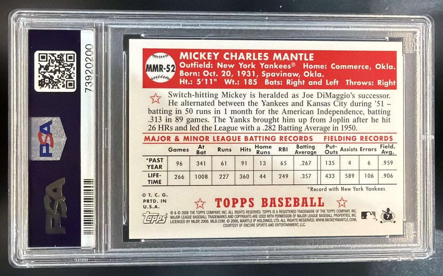 2008 Topps Mickey Mantle #MMR-52 Reprints Gold Yankees PSA 7 — back