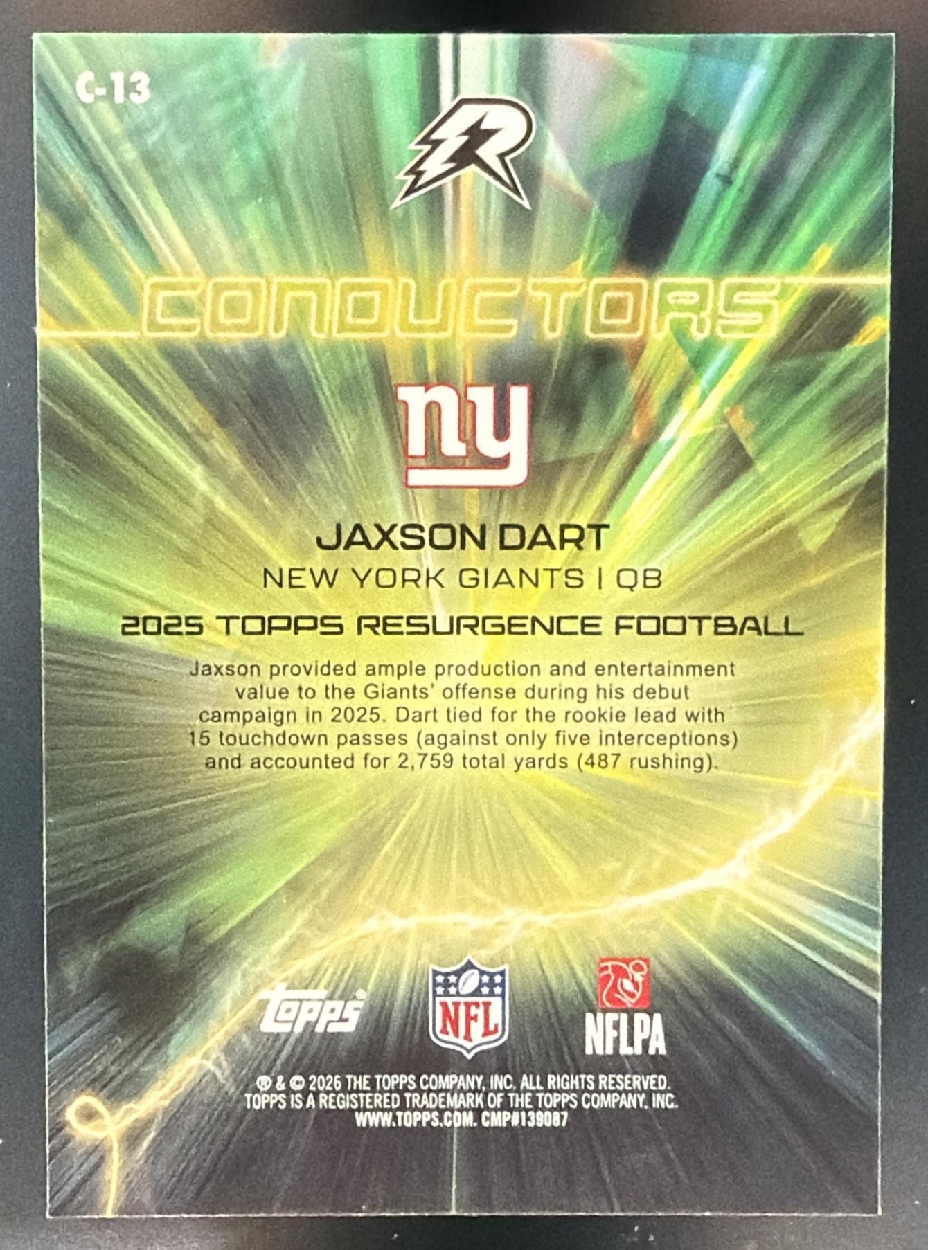 2025 Topps Resurgence Jaxson Dart #C-13 Conductors Teal Surge Refractor /149 RC — back
