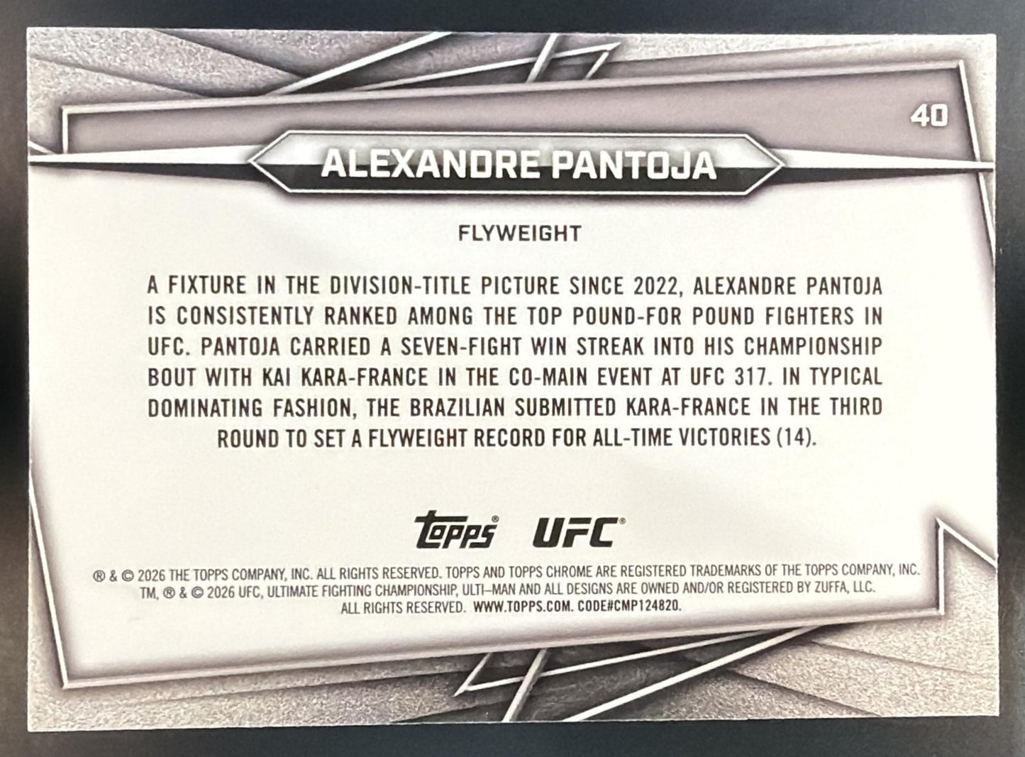 2026 Topps Chrome UFC Alexandre Pantoja #40 Purple RayWave Refractor 62/75 — back