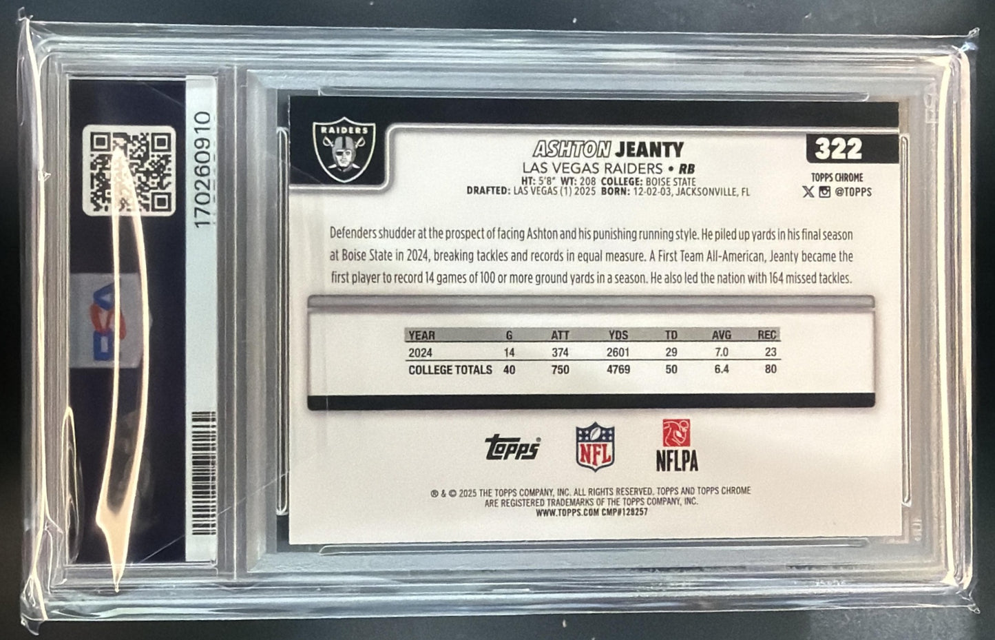 2025 Topps Chrome Ashton Jeanty #322 Rookie RC Raiders PSA 9 — back