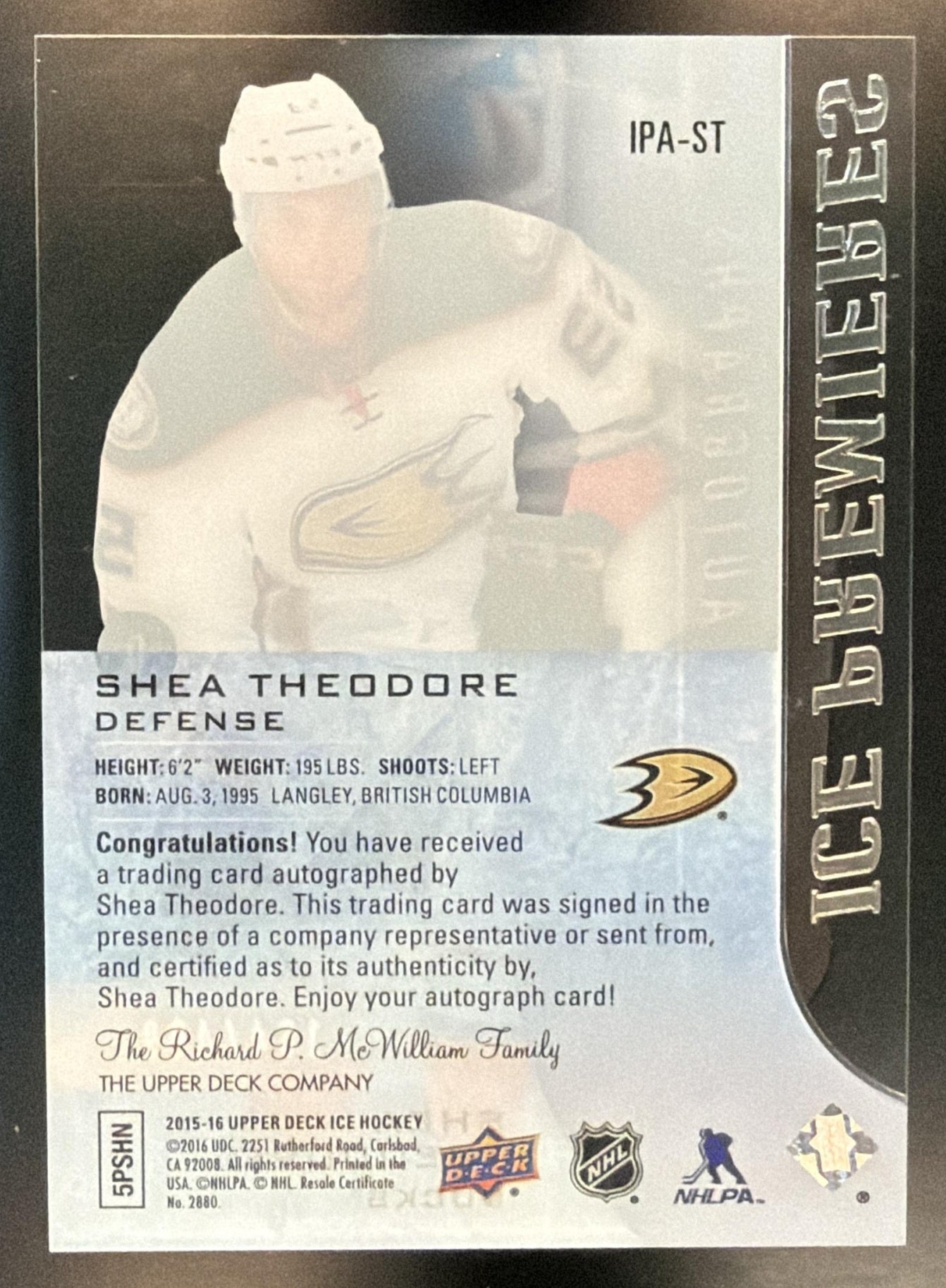 2015-16 Upper Deck Ice Shea Theodore #IPA-ST Premieres Auto 164/499 RC Ducks — back