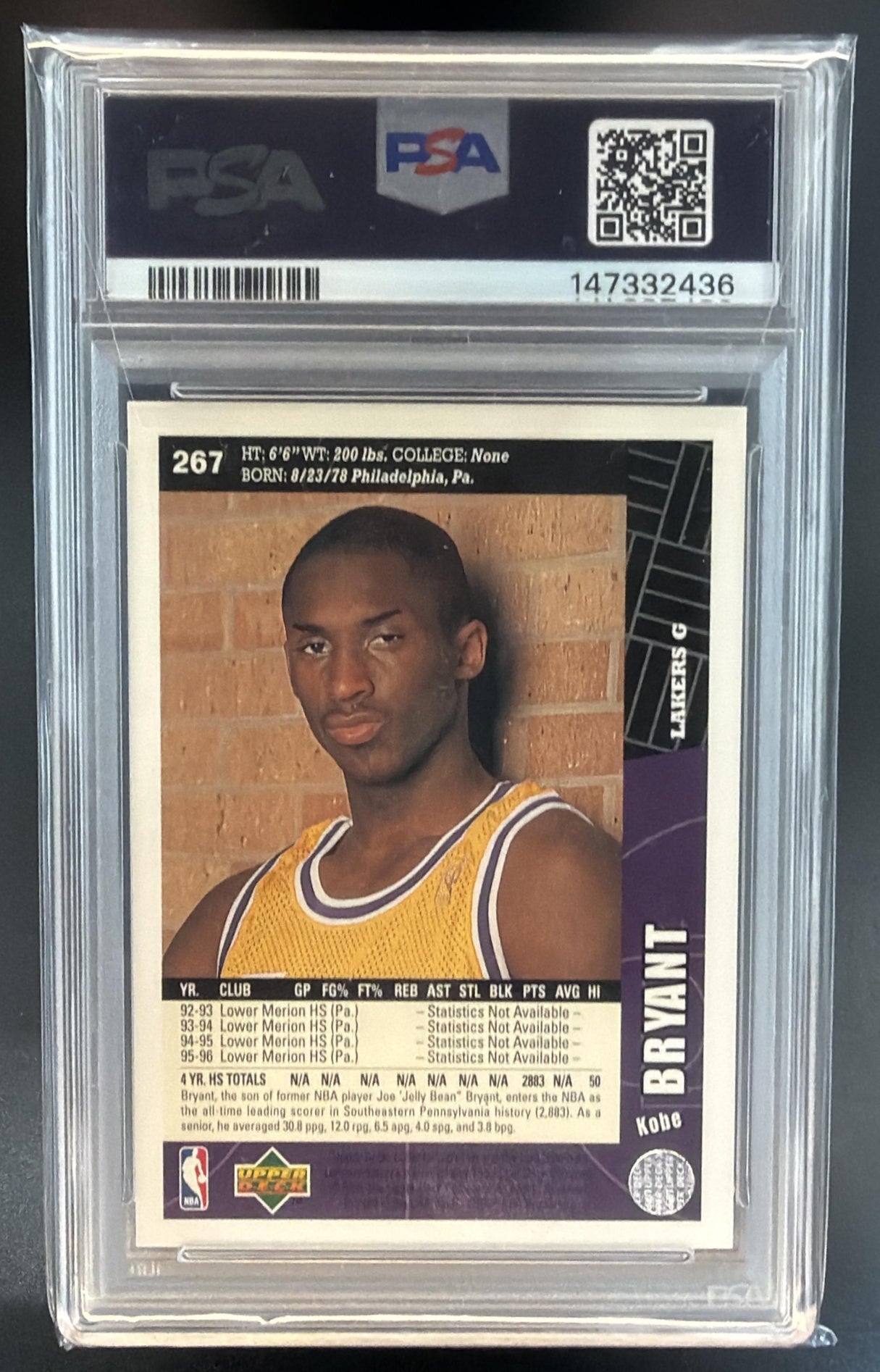 1996-97 Upper Deck Collector's Choice Kobe Bryant #267 RC Lakers PSA 9 — back
