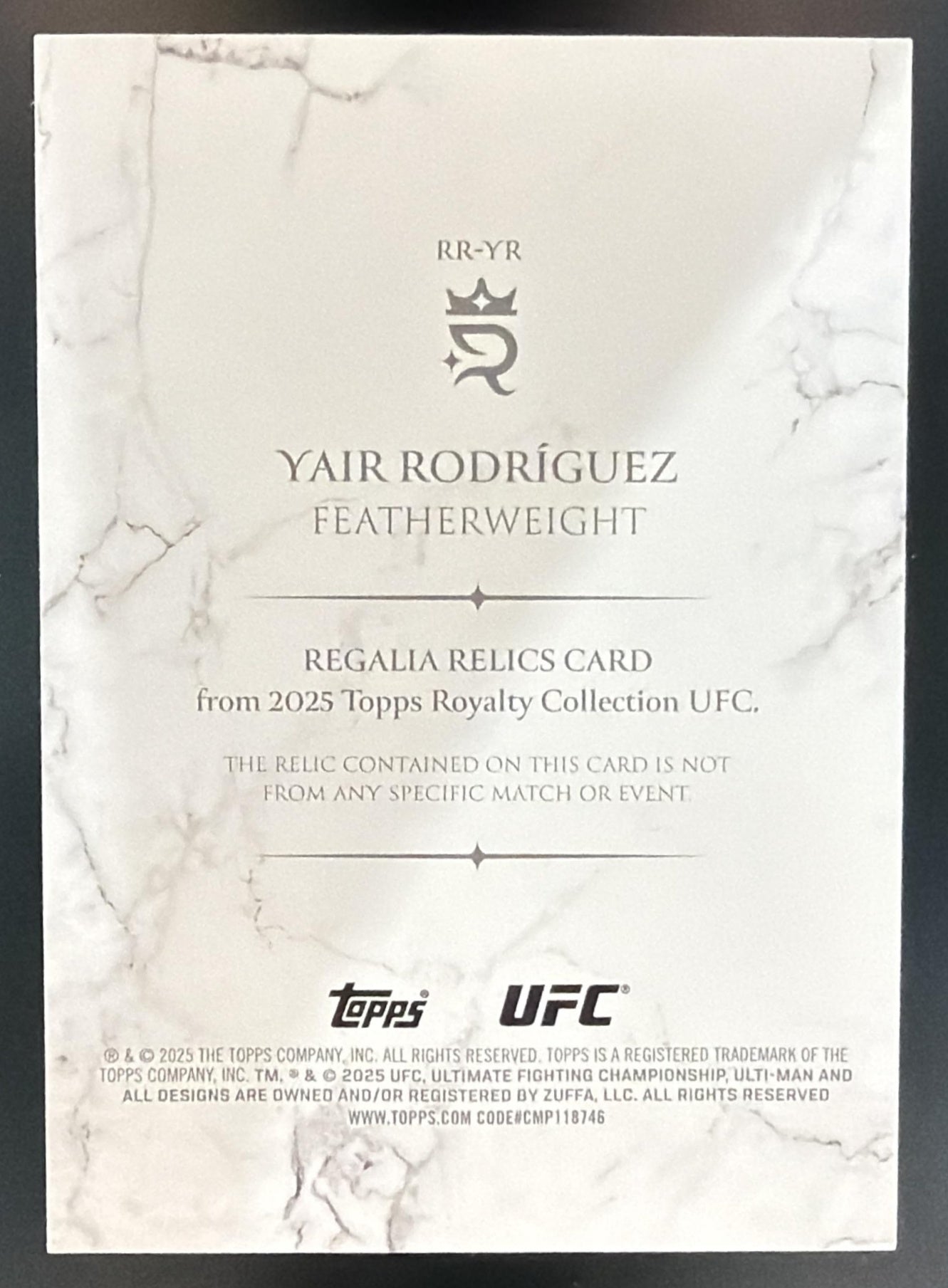 2025 Topps UFC Royalty Yair Rodriguez #RR-YR Regalia Relics 68/99 MEM — back