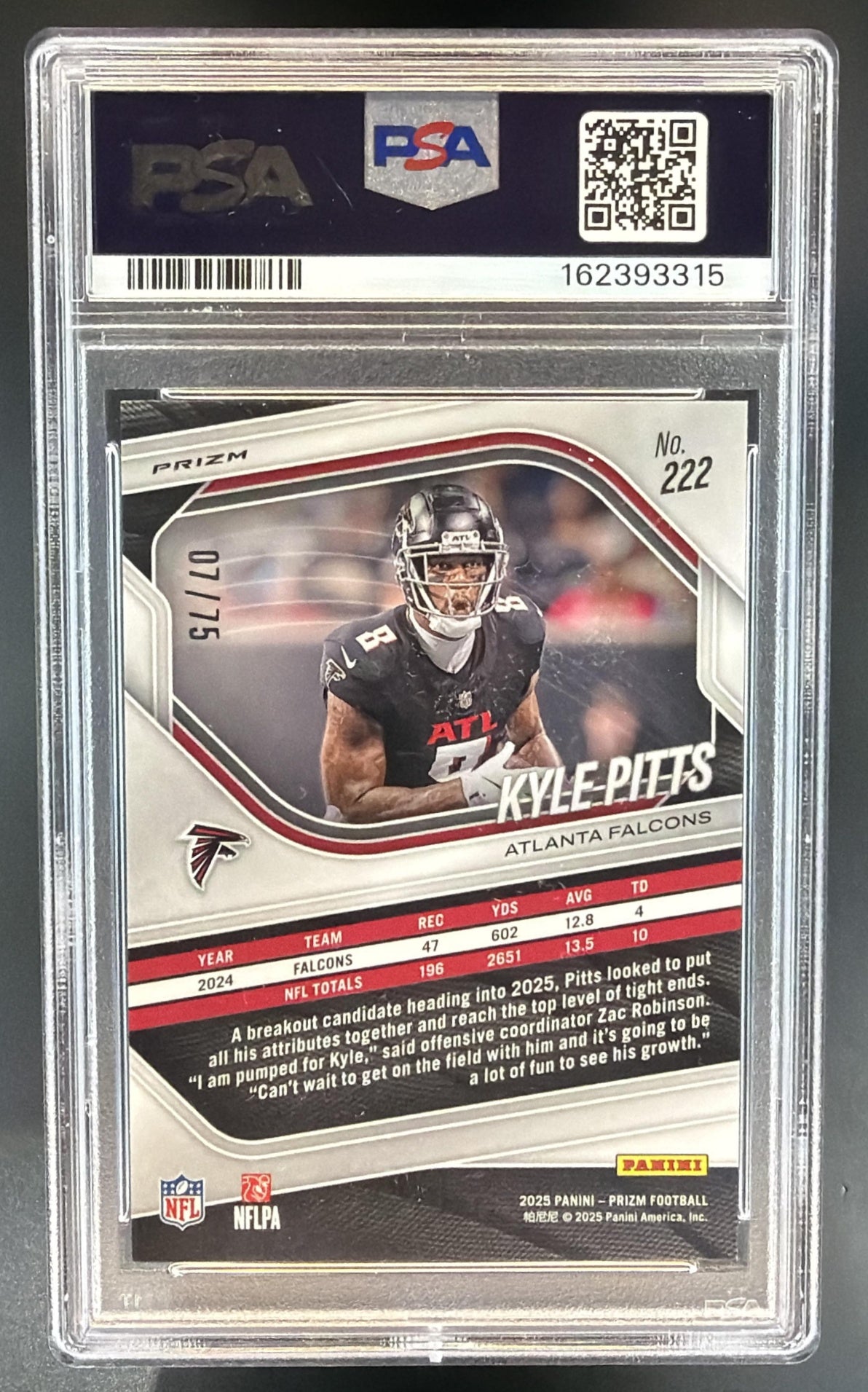 2025 Panini Prizm Kyle Pitts #222 Green Scope 7/75 Falcons PSA 10 — back