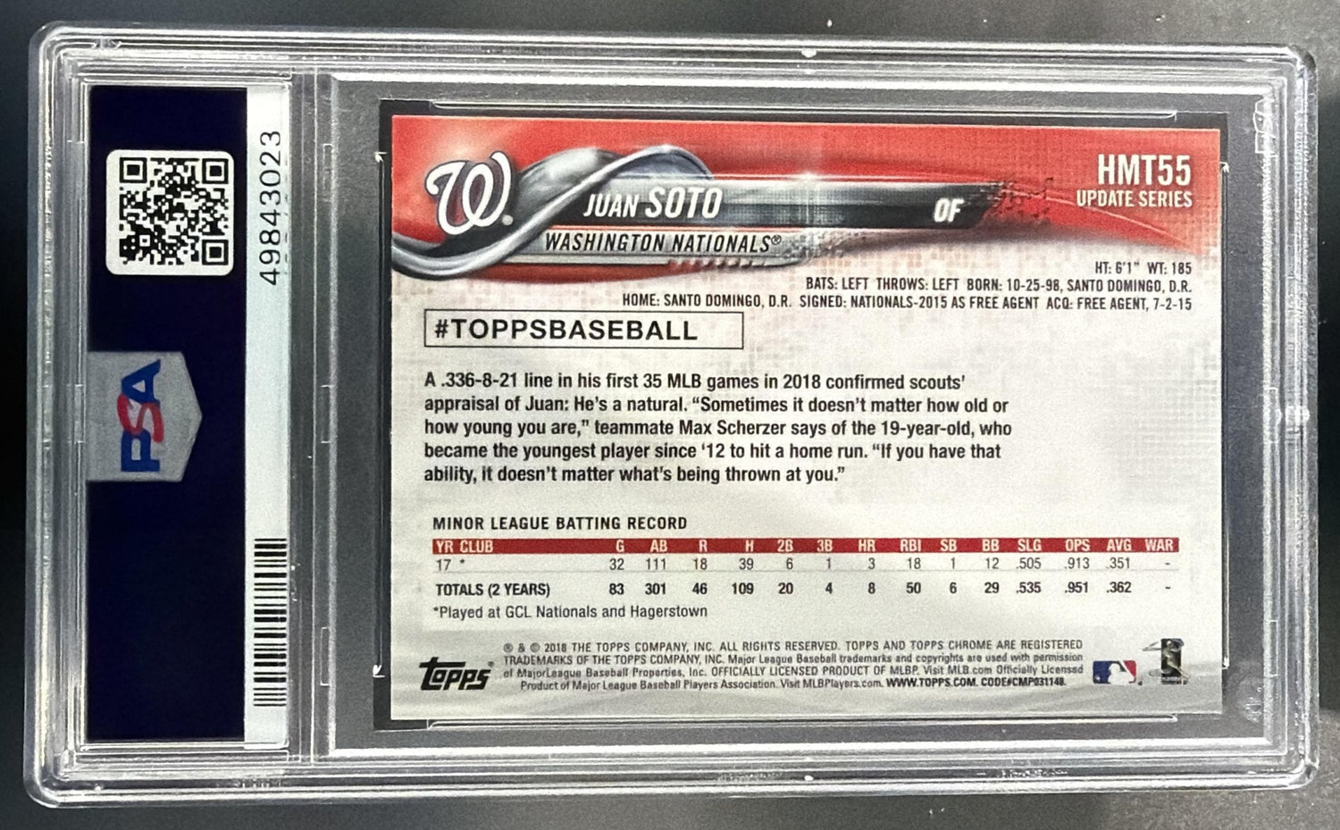2018 Topps Chrome Update Juan Soto #HMT55 RC Nationals PSA 10 — back