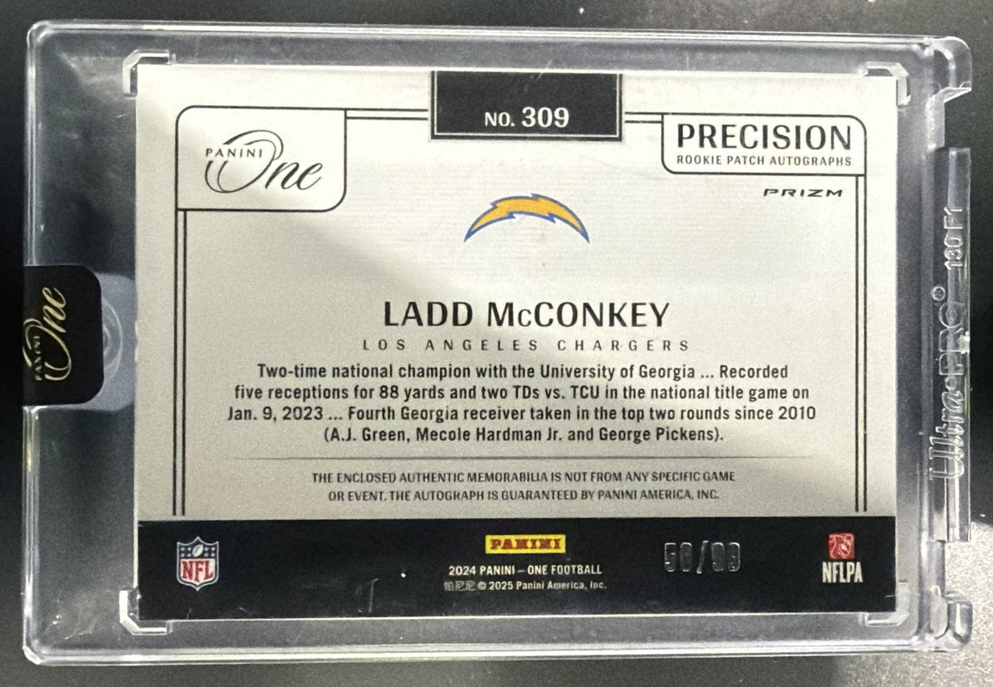 2024 Panini One Ladd McConkey #309 Precision Rookie Patch Auto /99 MEM RC — back