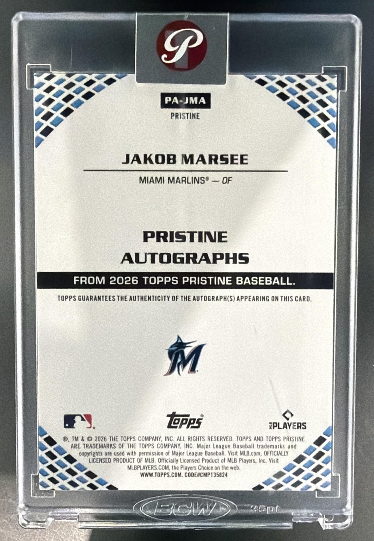 2026 Topps Pristine Jakob Marsee #PA-JMA Auto Refractor RC Marlins — back