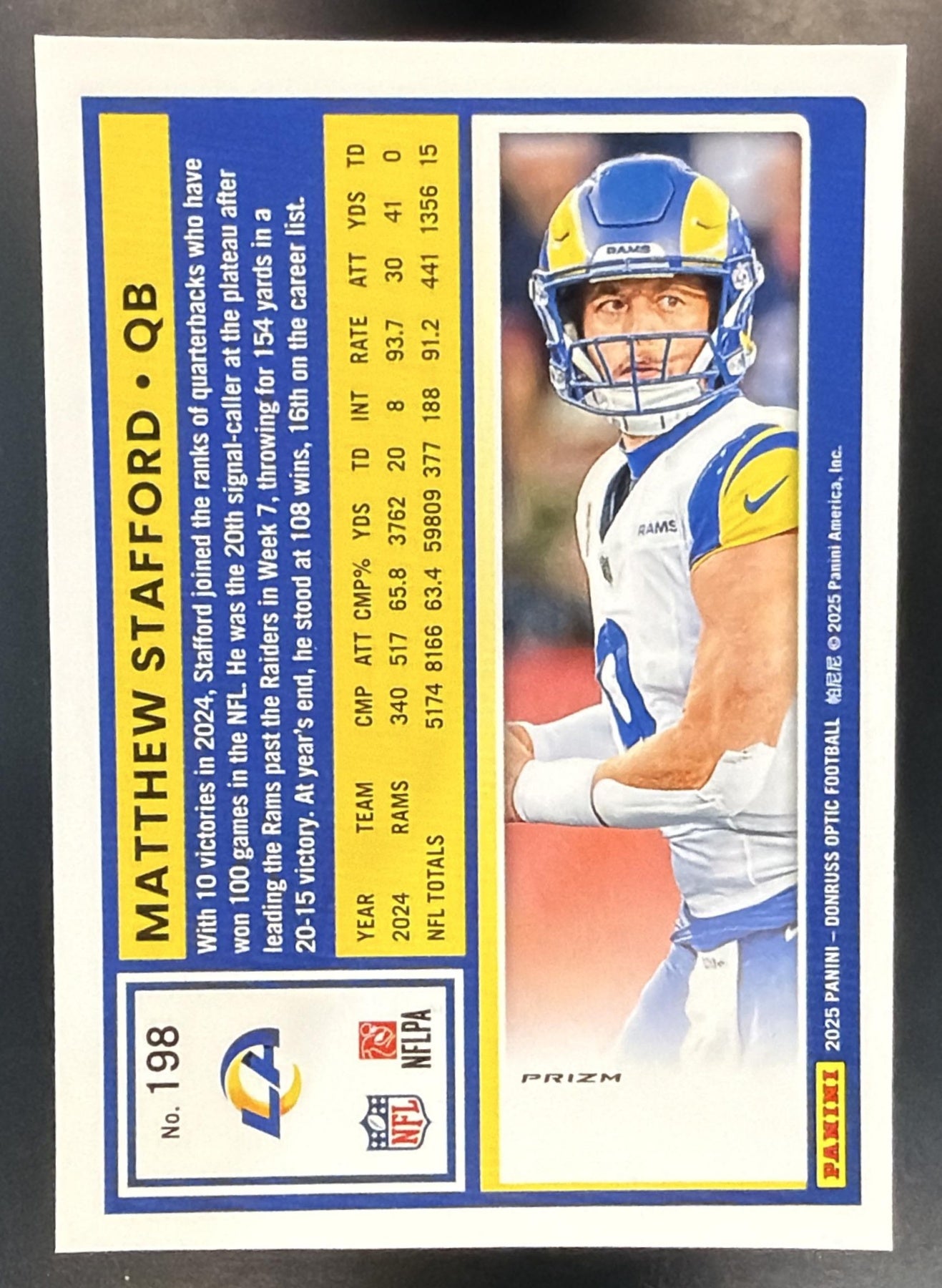 2025 Panini Donruss Optic Matthew Stafford #198 Freedom Prizm Rams — back