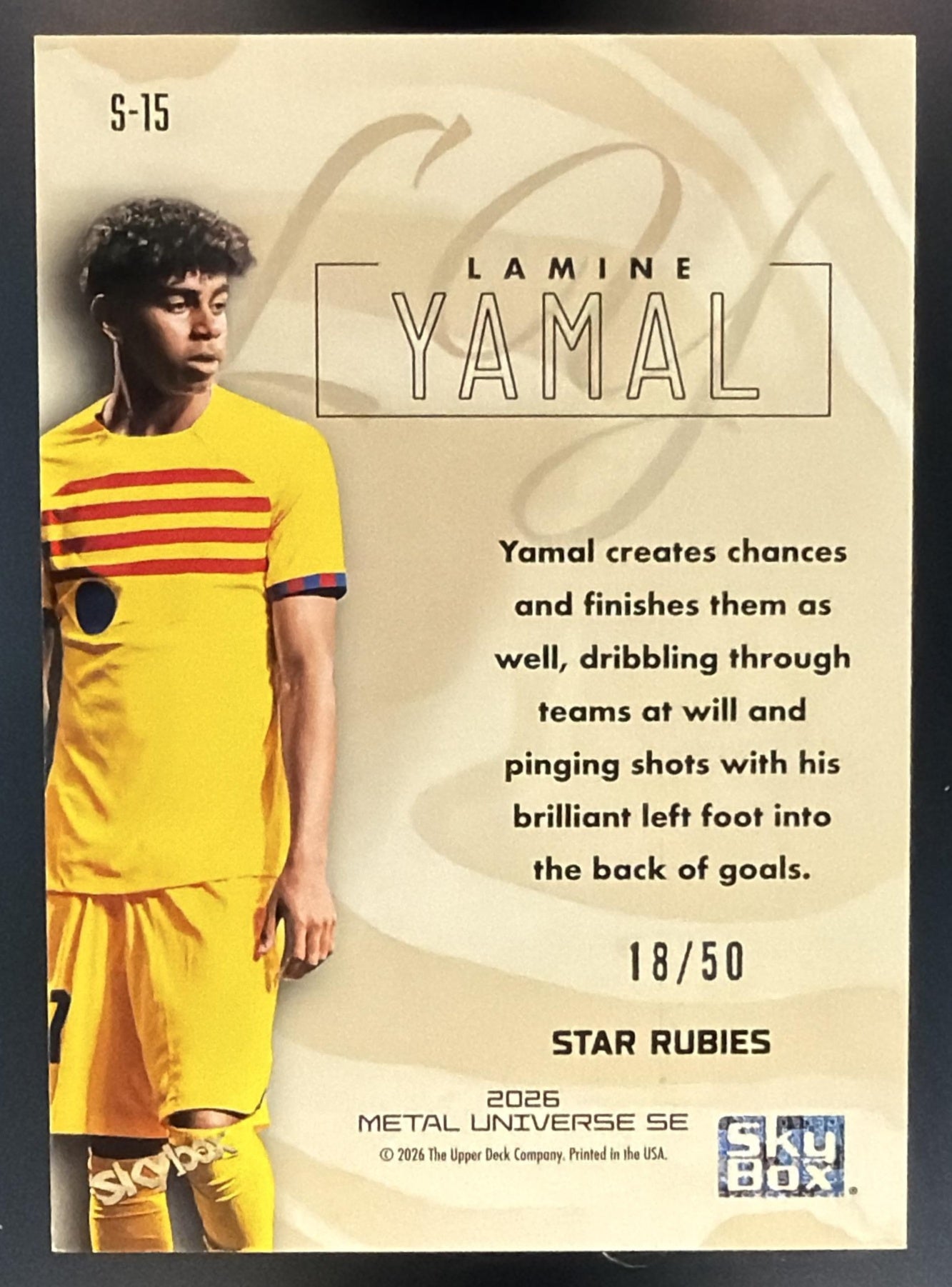 2026 Skybox Metal Universe SE Lamine Yamal #S-15 Premium Star Rubies 18/50 — back
