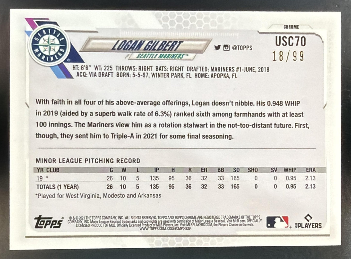 2021 Topps Chrome Update Logan Gilbert #USC70 X-Fractor 18/99 RC Mariners — back