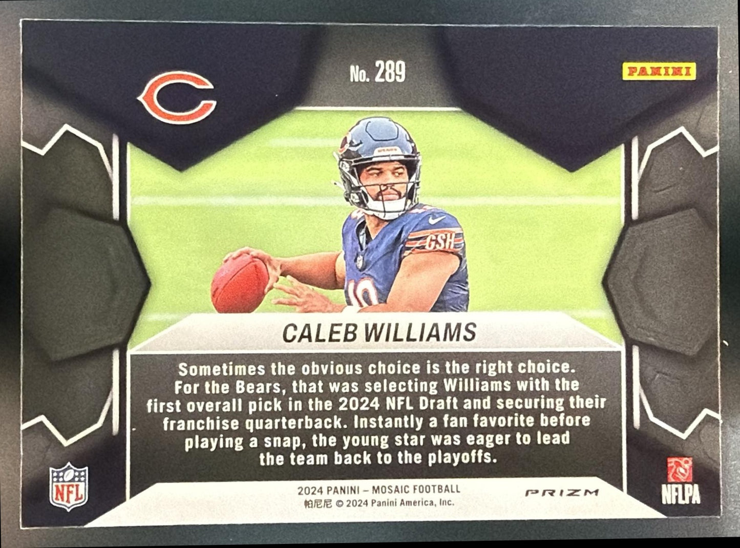2024 Panini Mosaic Caleb Williams #289 Reactive Yellow Prizm RC NFL Debut Bears — back