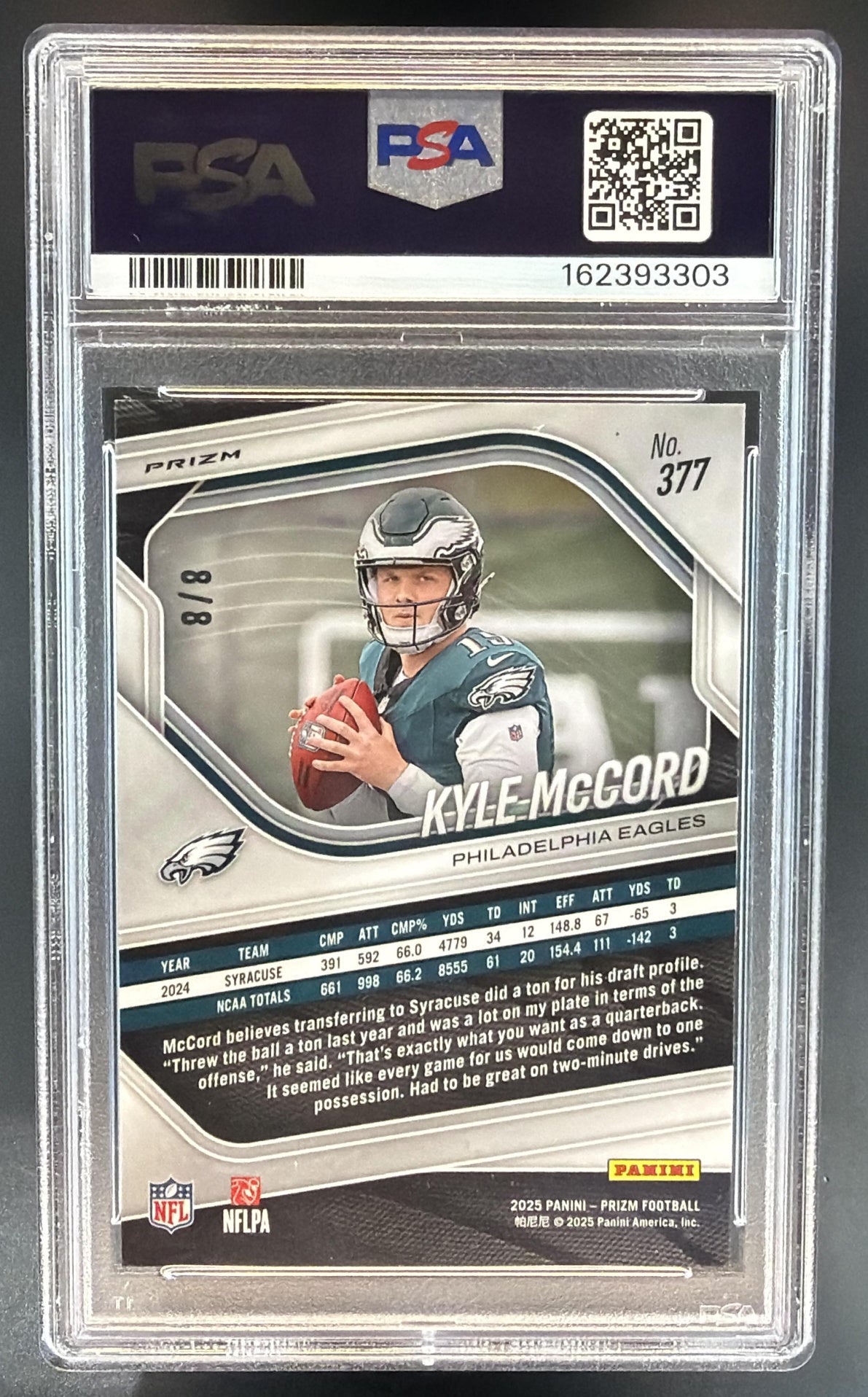 2025 Panini Prizm Kyle McCord #377 Plum Blossom 8/8 RC Eagles PSA 10 — back