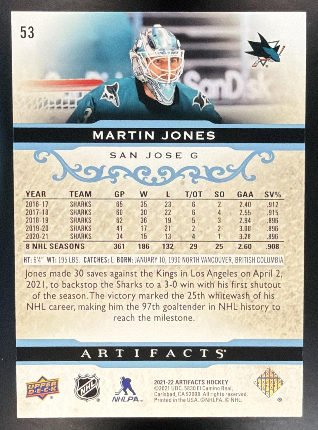 2021-22 Upper Deck Artifacts Martin Jones #53 Light Blue Steel 12/85 Sharks — back