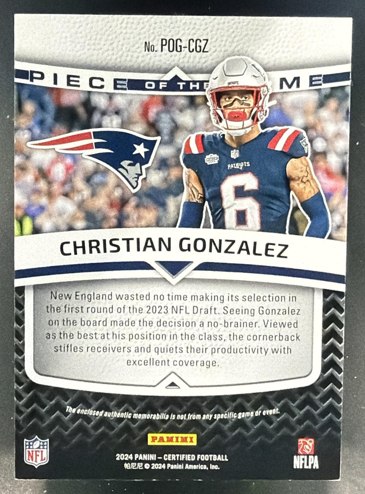 2024 Panini Certified Christian Gonzalez #POG-CGZ Piece of the Game Teal /50 MEM — back