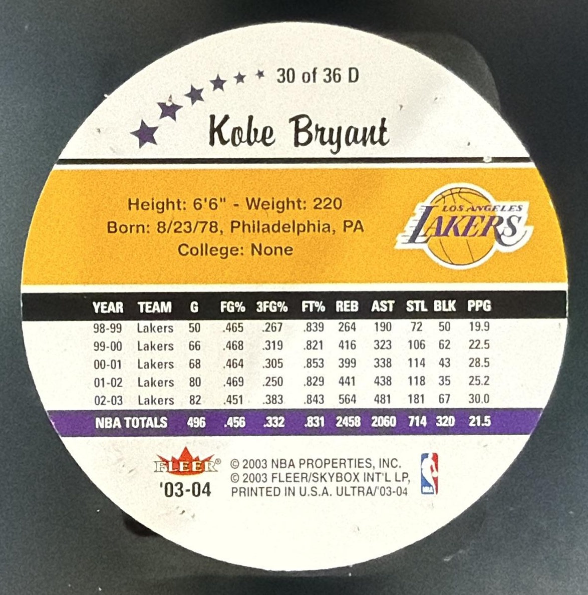 2003-04 Fleer Ultra Kobe Bryant #30 D Roundball Discs Lakers — back