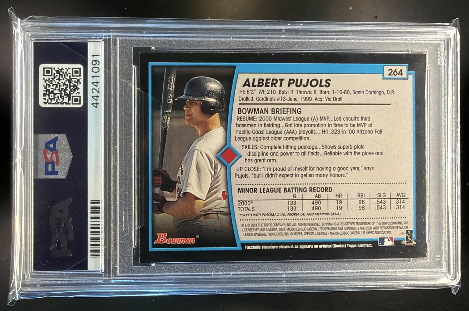 2001 Bowman Albert Pujols #264 RC Cardinals PSA 6 — back