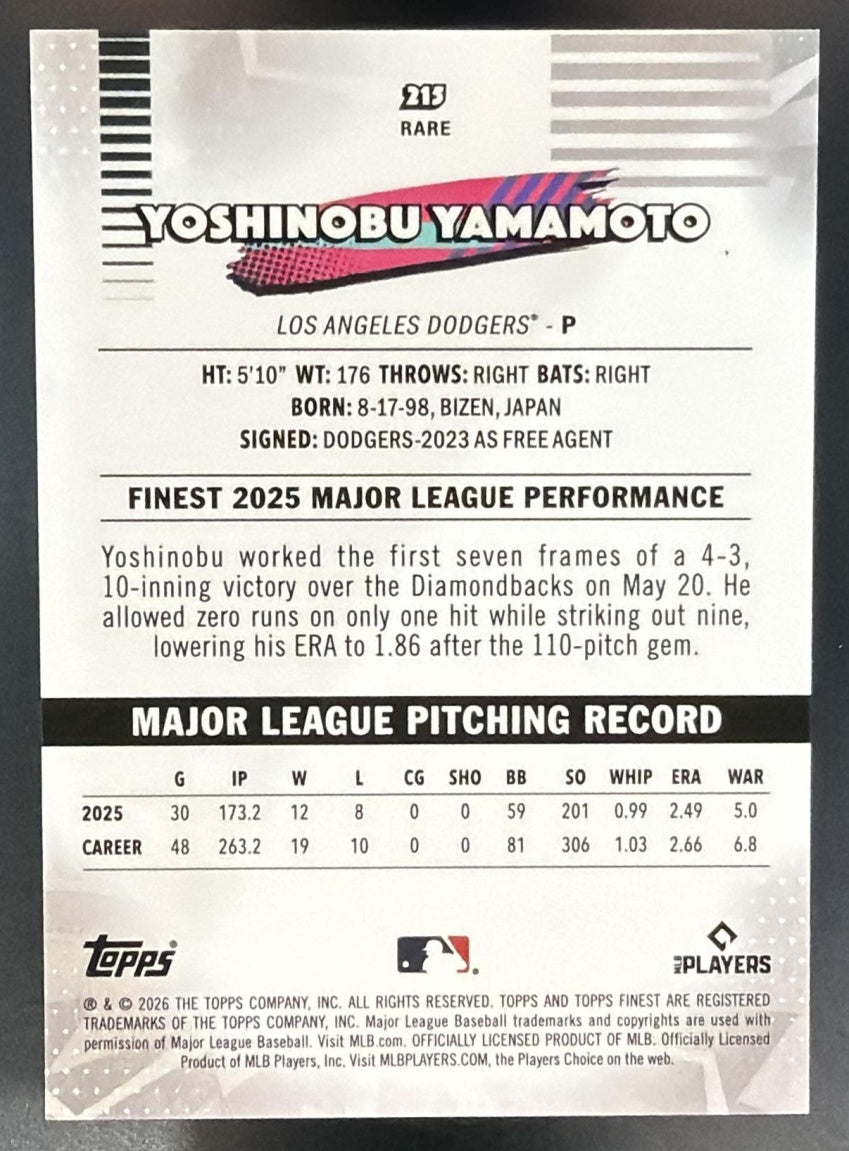 2026 Topps Finest Yoshinobu Yamamoto #215 Rare Green X-Fractor 88/99 Dodgers — back
