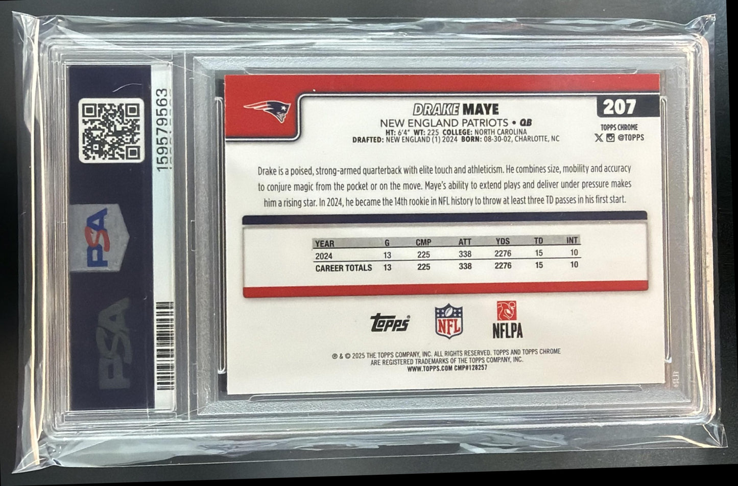 2025 Topps Chrome Drake Maye #207 RayWave Refractor Patriots PSA 8 — back