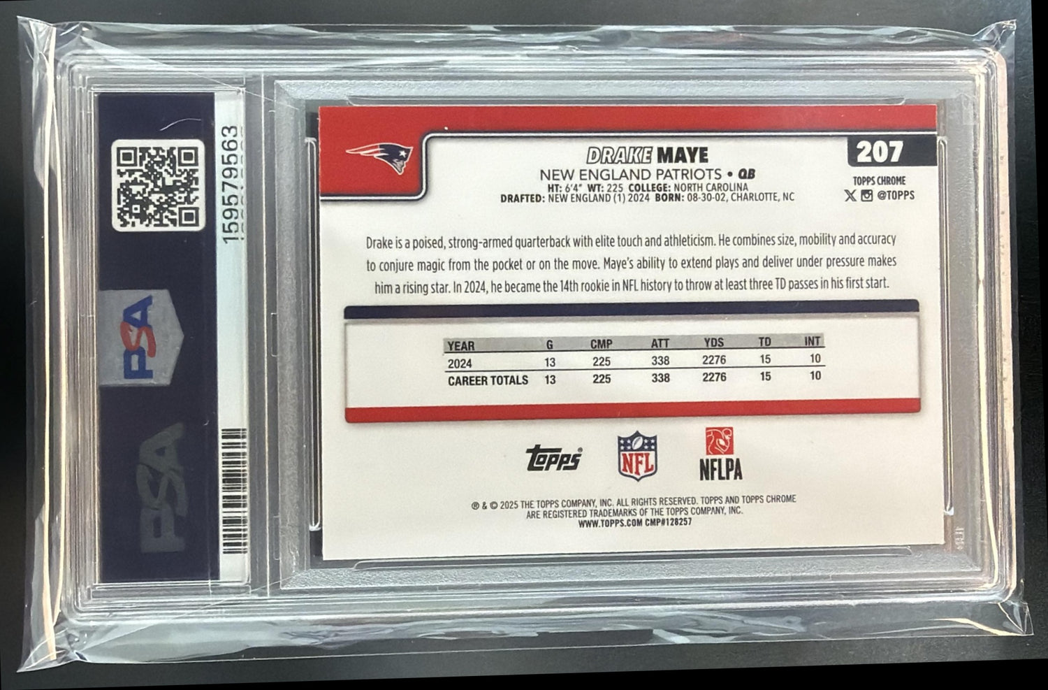 2025 Topps Chrome Drake Maye #207 RayWave Refractor Patriots PSA 8 — back