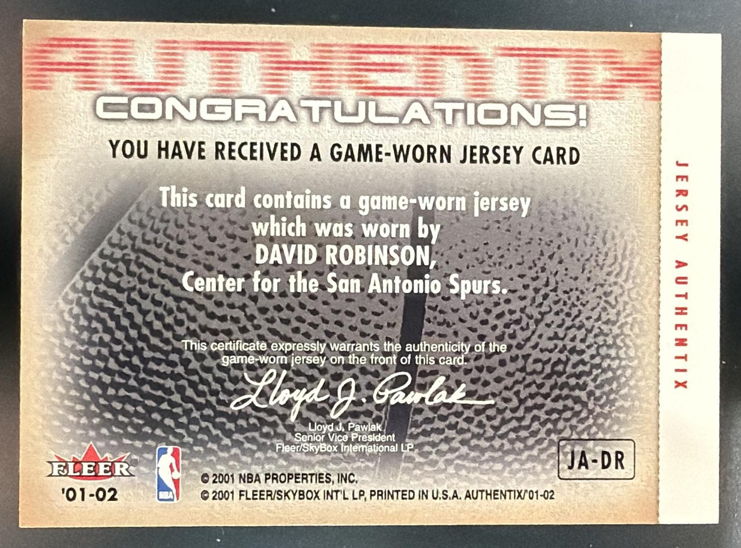 2001-02 Fleer Authentix David Robinson #JA-DR Jersey Ticket Spurs — back