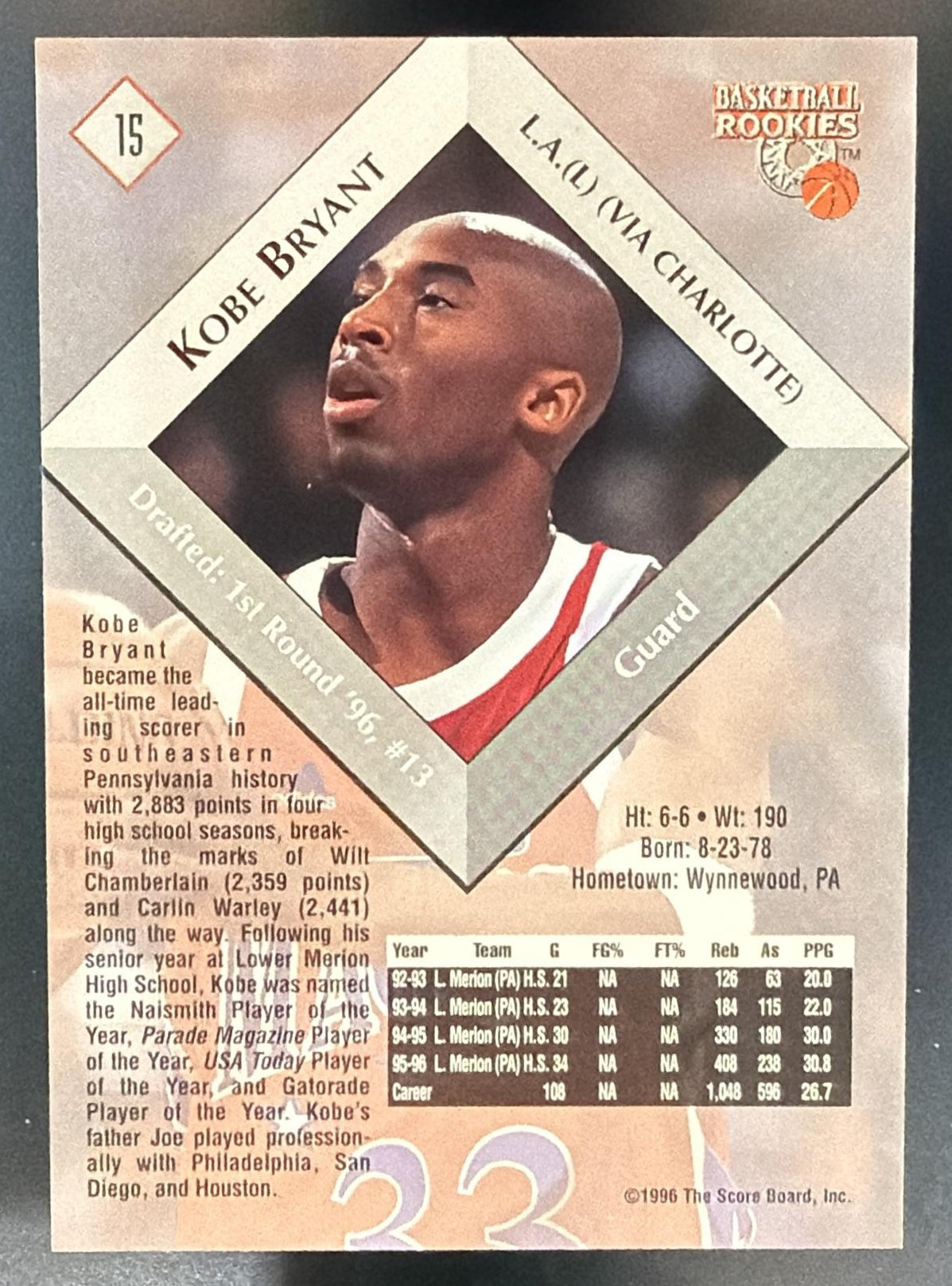 1996-97 Score Board Rookies Kobe Bryant #15 RC Lakers — back