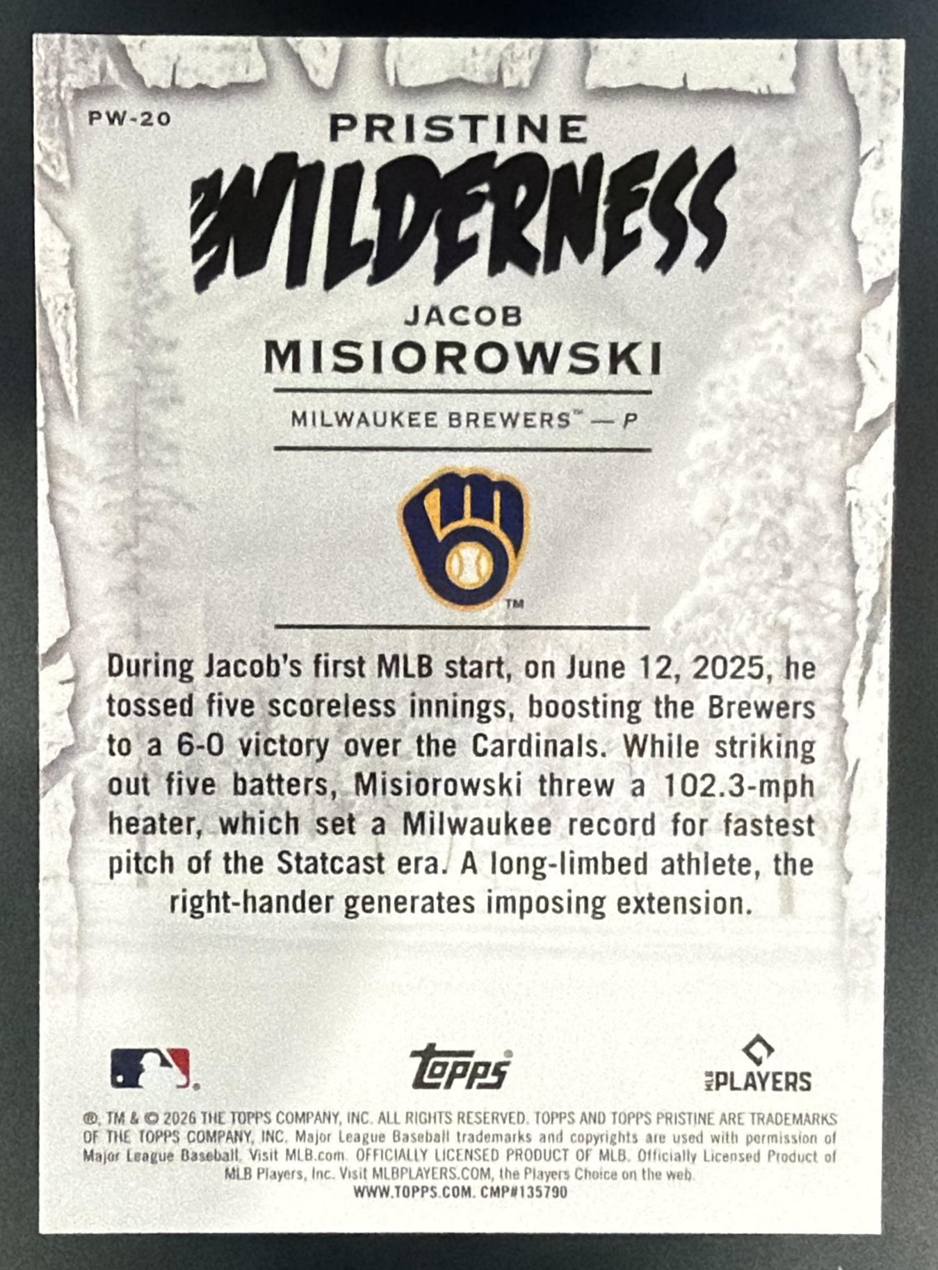 2026 Topps Pristine Jacob Misiorowski #PW-20 Wilderness RC Brewers — back