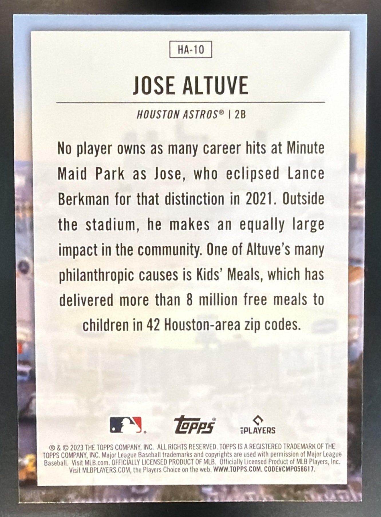 2023 Topps Jose Altuve #HA-10 Home Field Advantage Astros — back