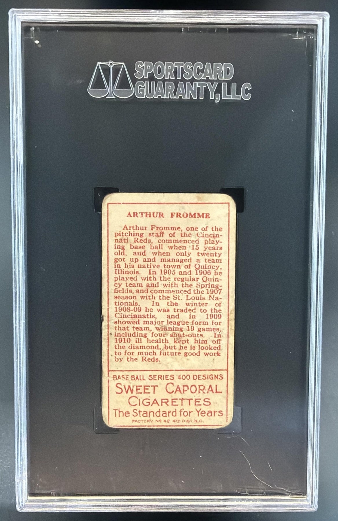 1911 Sweet Caporal T205 Arthur Fromme Reds SGC 1 — back