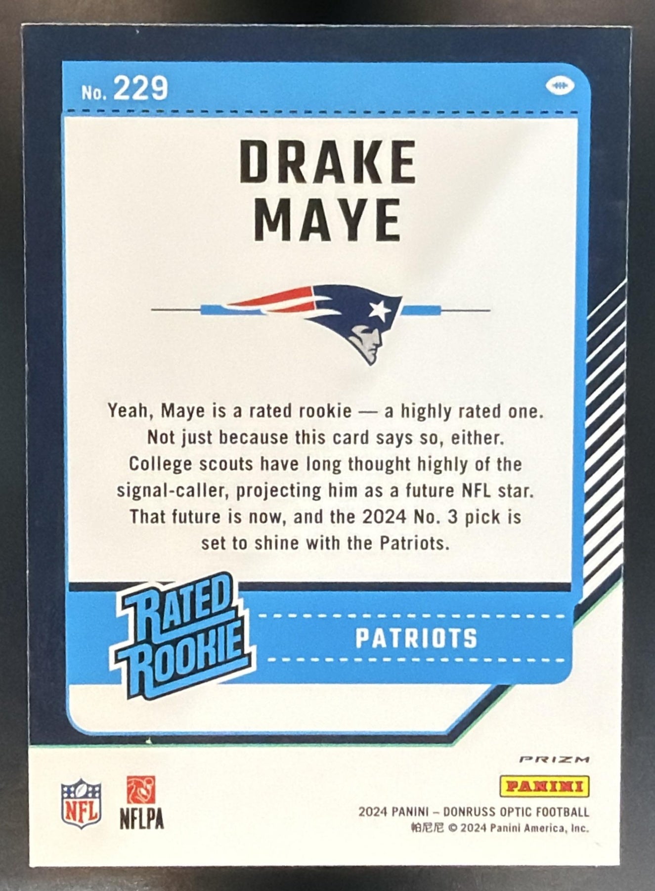 2024 Panini Donruss Optic Drake Maye #229 Green Hyper Rated Rookie Patriots — back