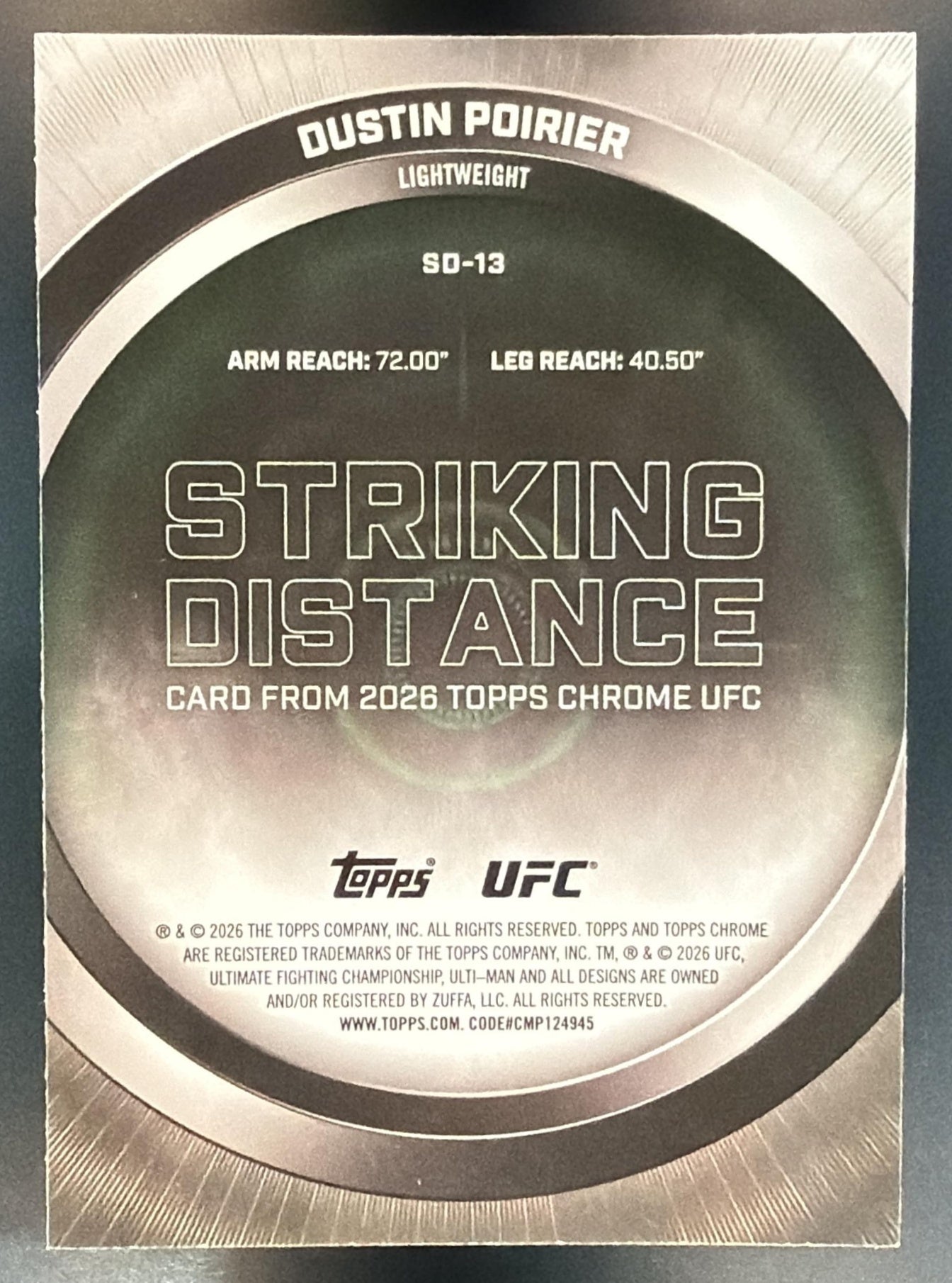 2026 Topps Chrome UFC Dustin Poirier Striking Distance Green Refractor /99 — back