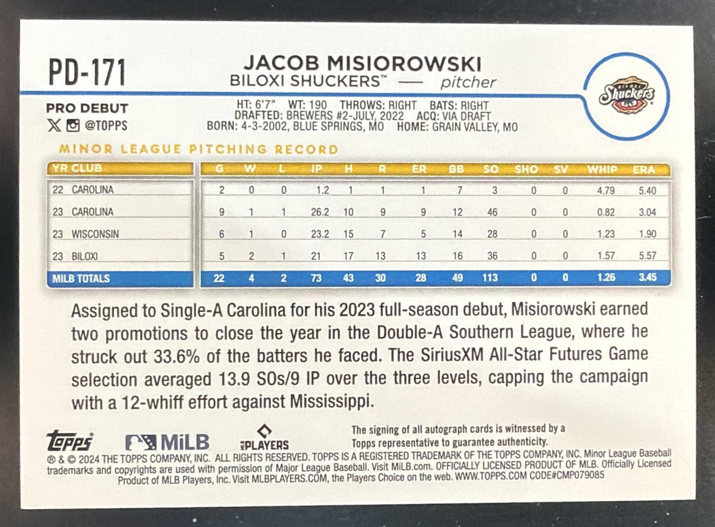 2024 Topps Pro Debut Jacob Misiorowski #PD-171 Auto — back