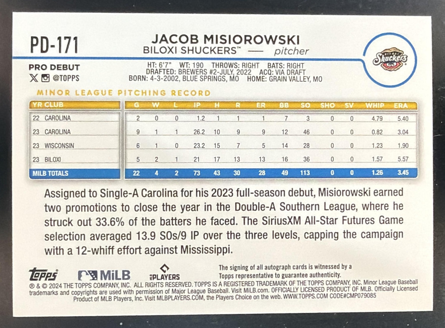 2024 Topps Pro Debut Jacob Misiorowski #PD-171 Auto — back