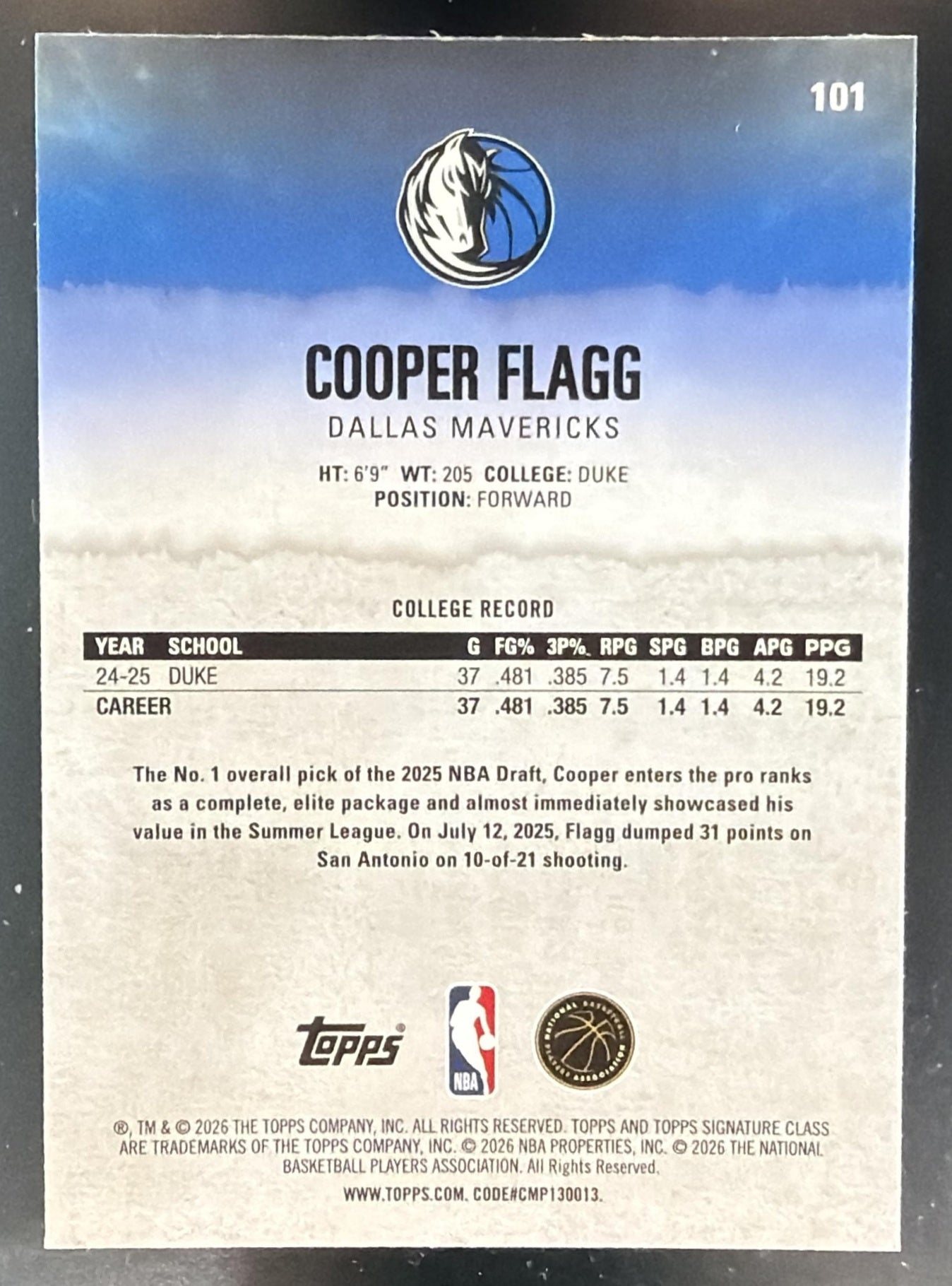 2025-26 Topps Signature Class Cooper Flagg #101 Chrome Rookie RC Mavericks — back