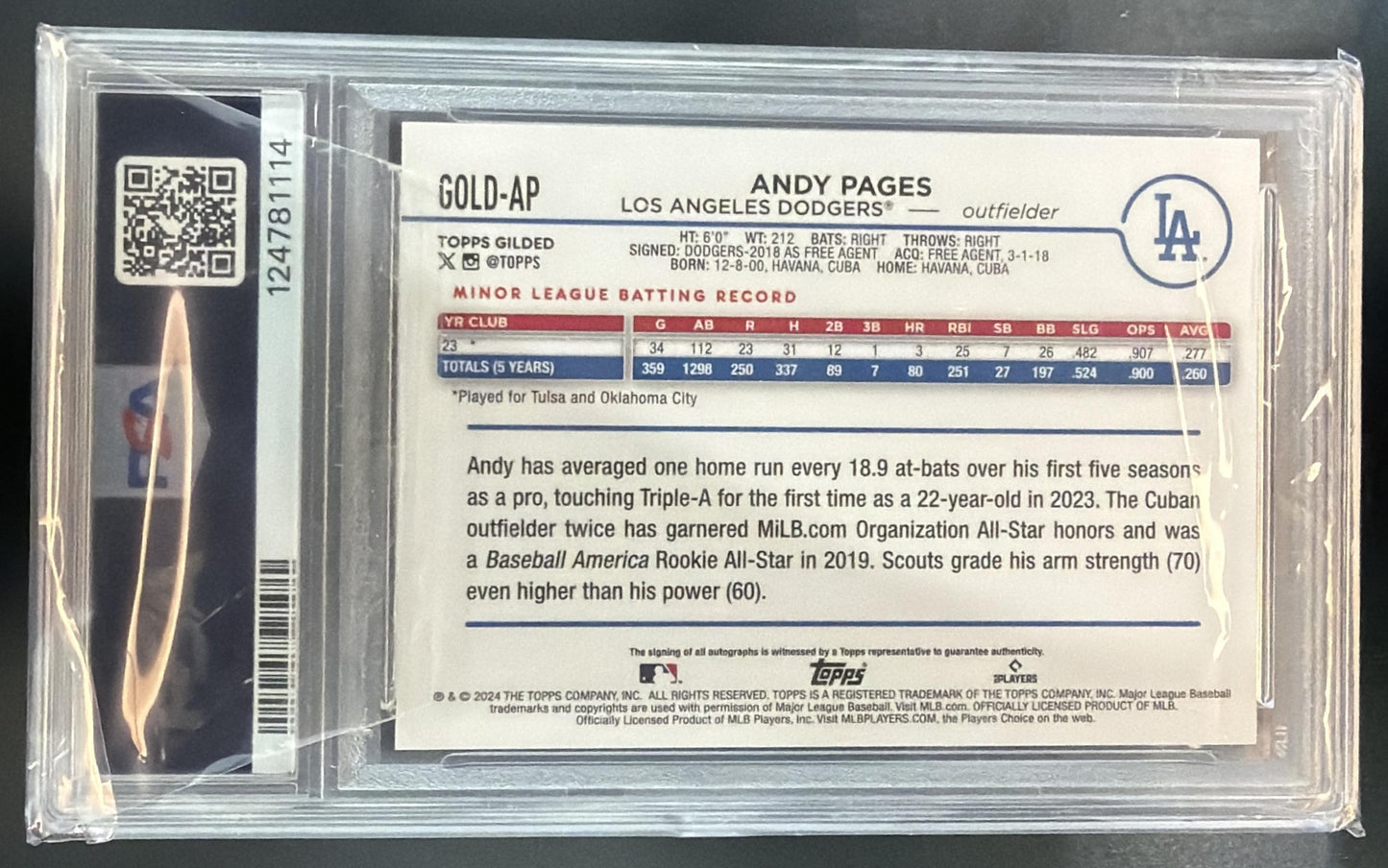 2024 Topps Gilded Andy Pages Cast In Gold Variation Auto /199 RC PSA 9 — back