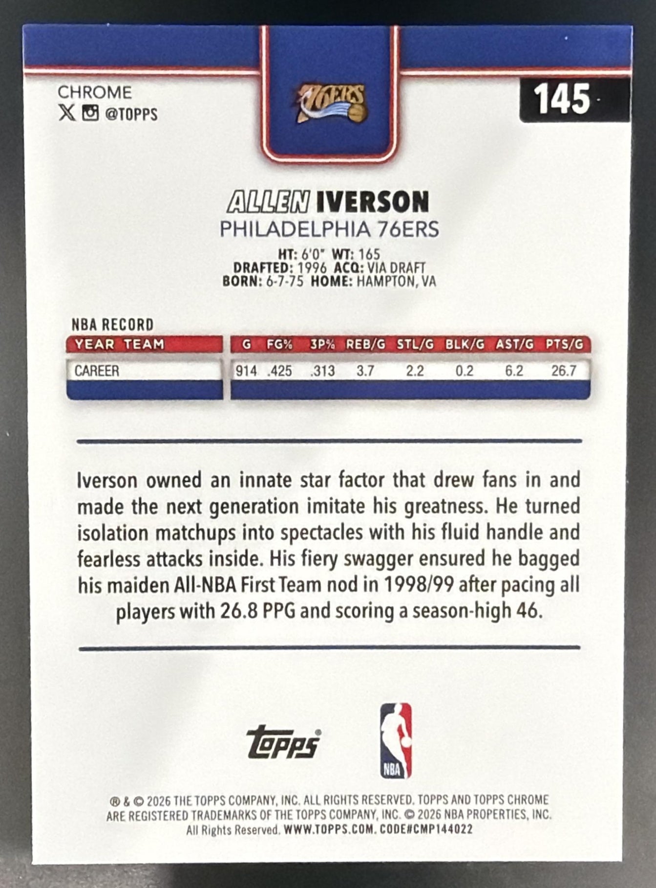 2025-26 Topps Chrome Update Allen Iverson #145 Green Refractor /99 76ers — back
