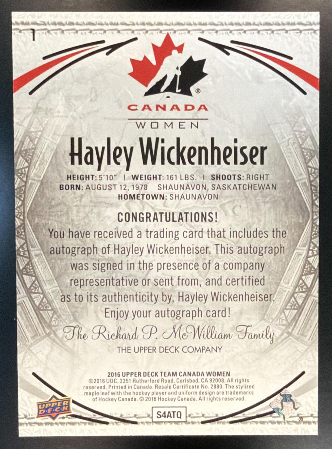 2016-17 Upper Deck Team Canada Juniors Hayley Wickenheiser #1 Black Auto /5 — back