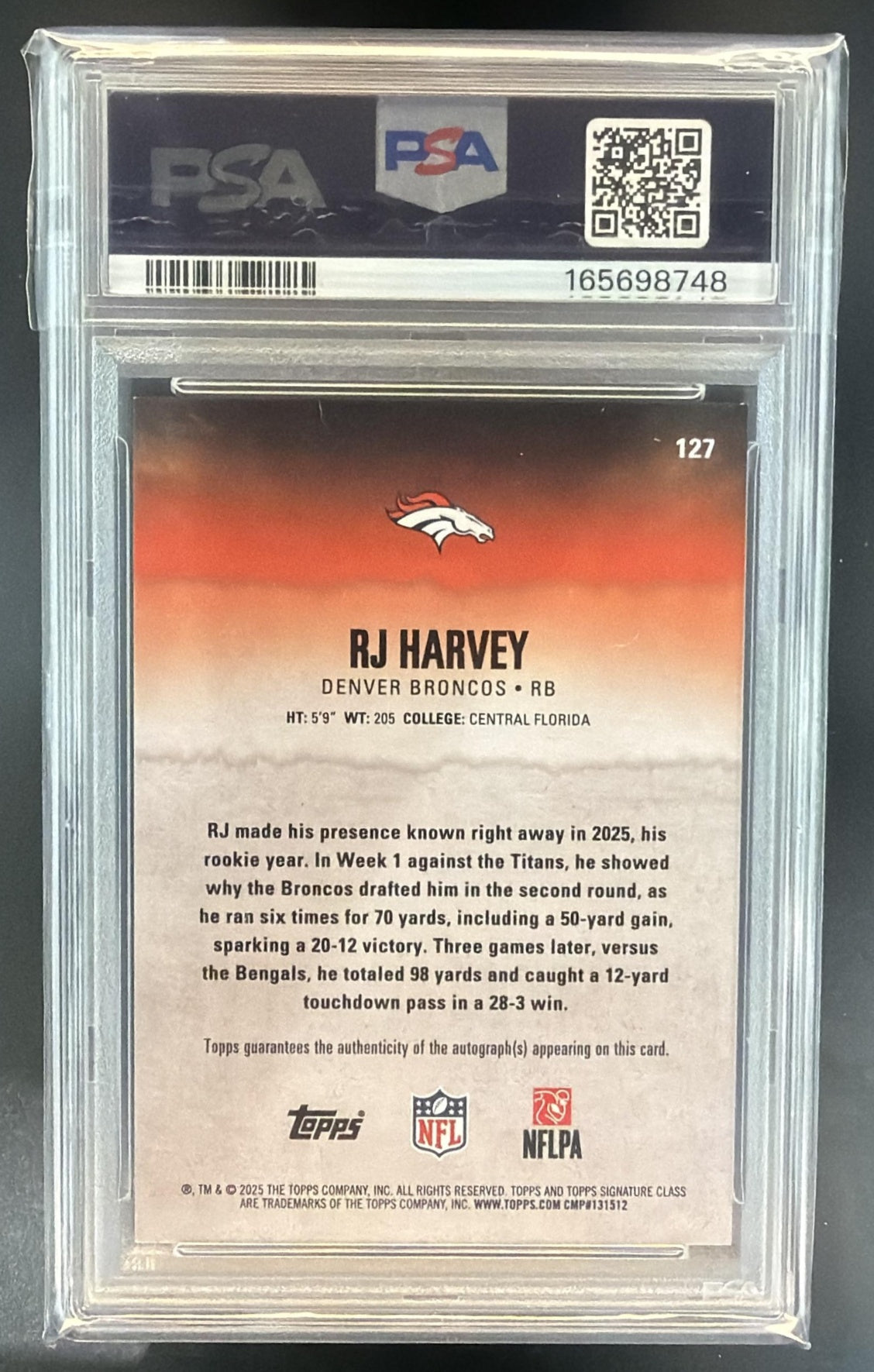 2025 Topps Signature Class RJ Harvey #127 Rookie Auto Silver Foil /275 RC PSA 9 — back