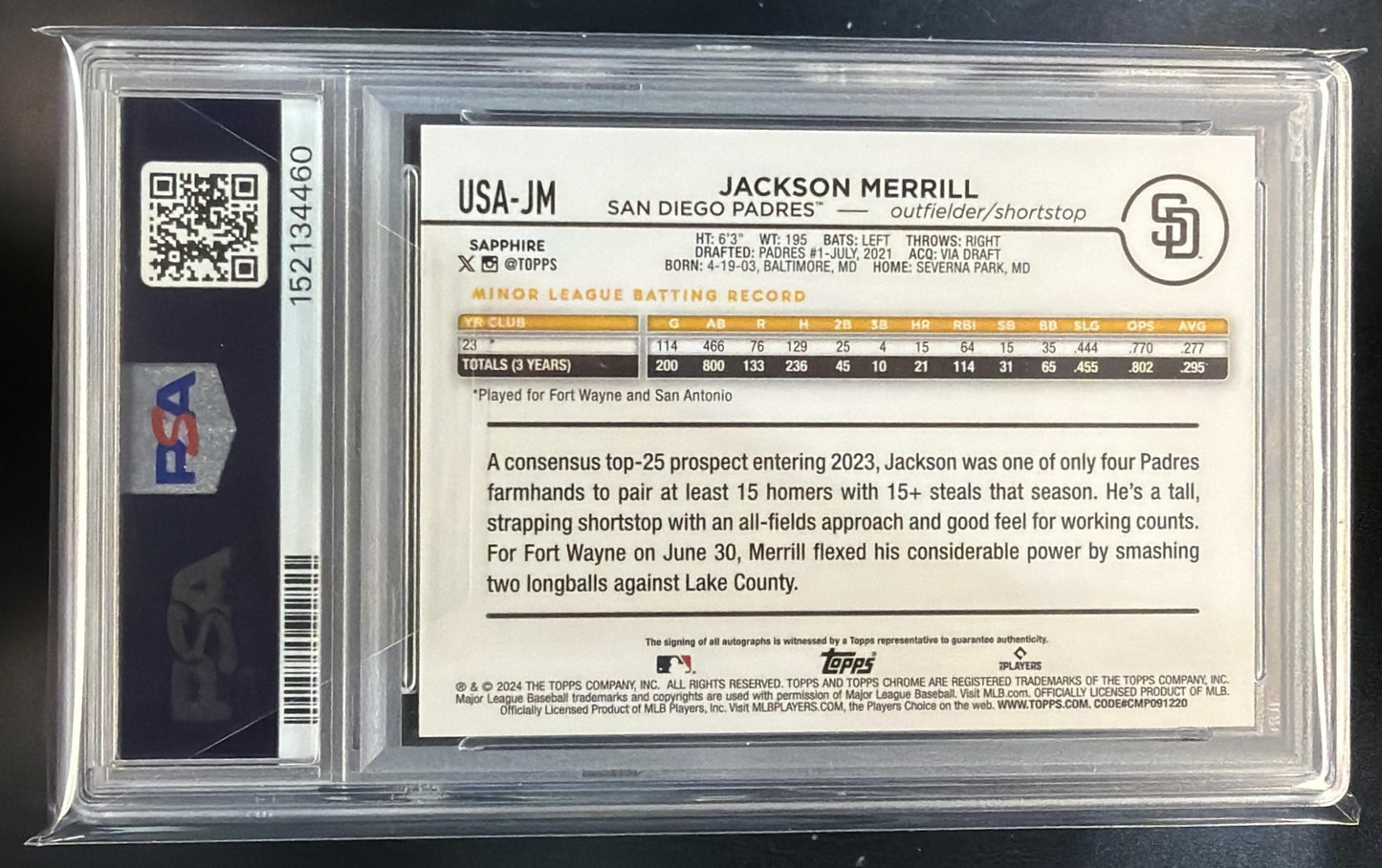 2024 Topps Chrome Update Sapphire Jackson Merrill #USA-JM Auto /199 RC PSA 10 — back