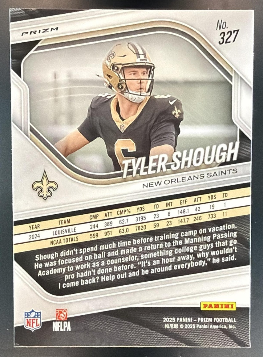 2025 Panini Prizm Tyler Shough #327 Pink Saints — back