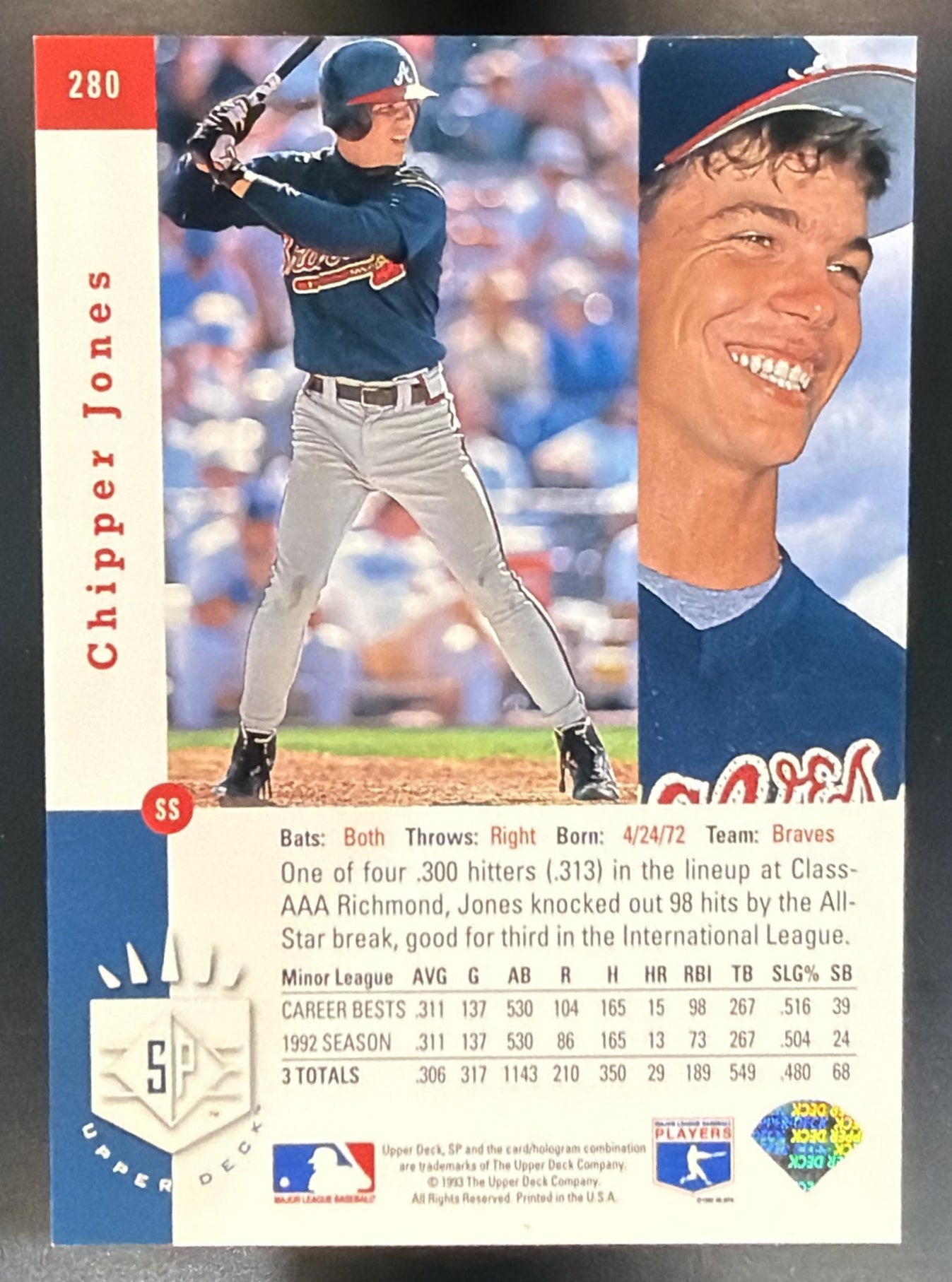 1993 SP Chipper Jones #280 Braves — back