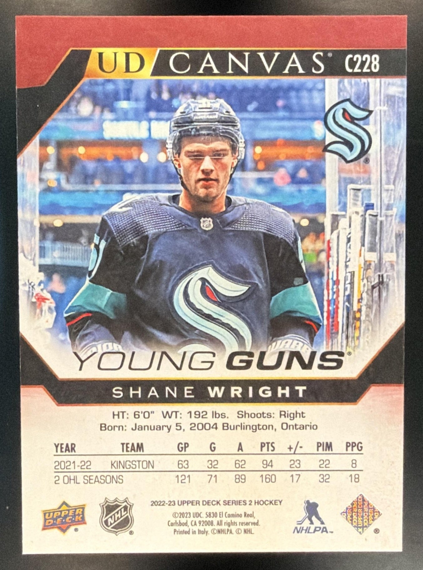 2022-23 Upper Deck Shane Wright #C228 UD Canvas Young Guns RC Kraken — back