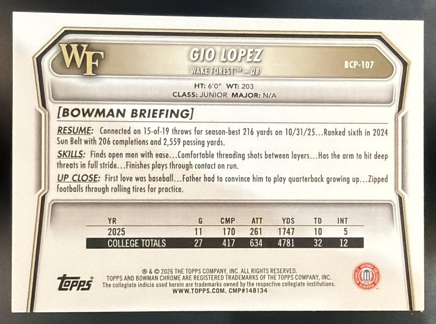 2026 Bowman Gio Lopez #BCP-107 Chrome Fuschia Refractor /299 1st Prospect — back