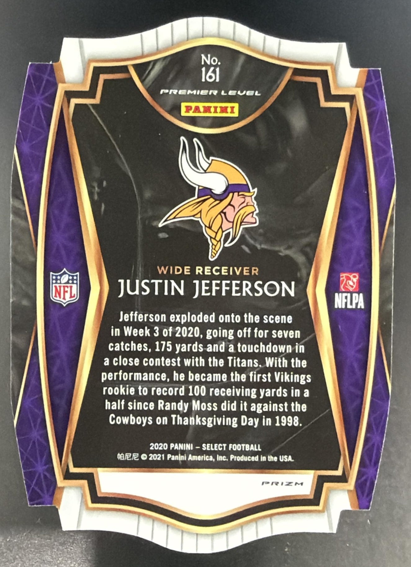 2020 Panini Select Justin Jefferson #161 Orange Prizm Die Cut RC Premier Level — back
