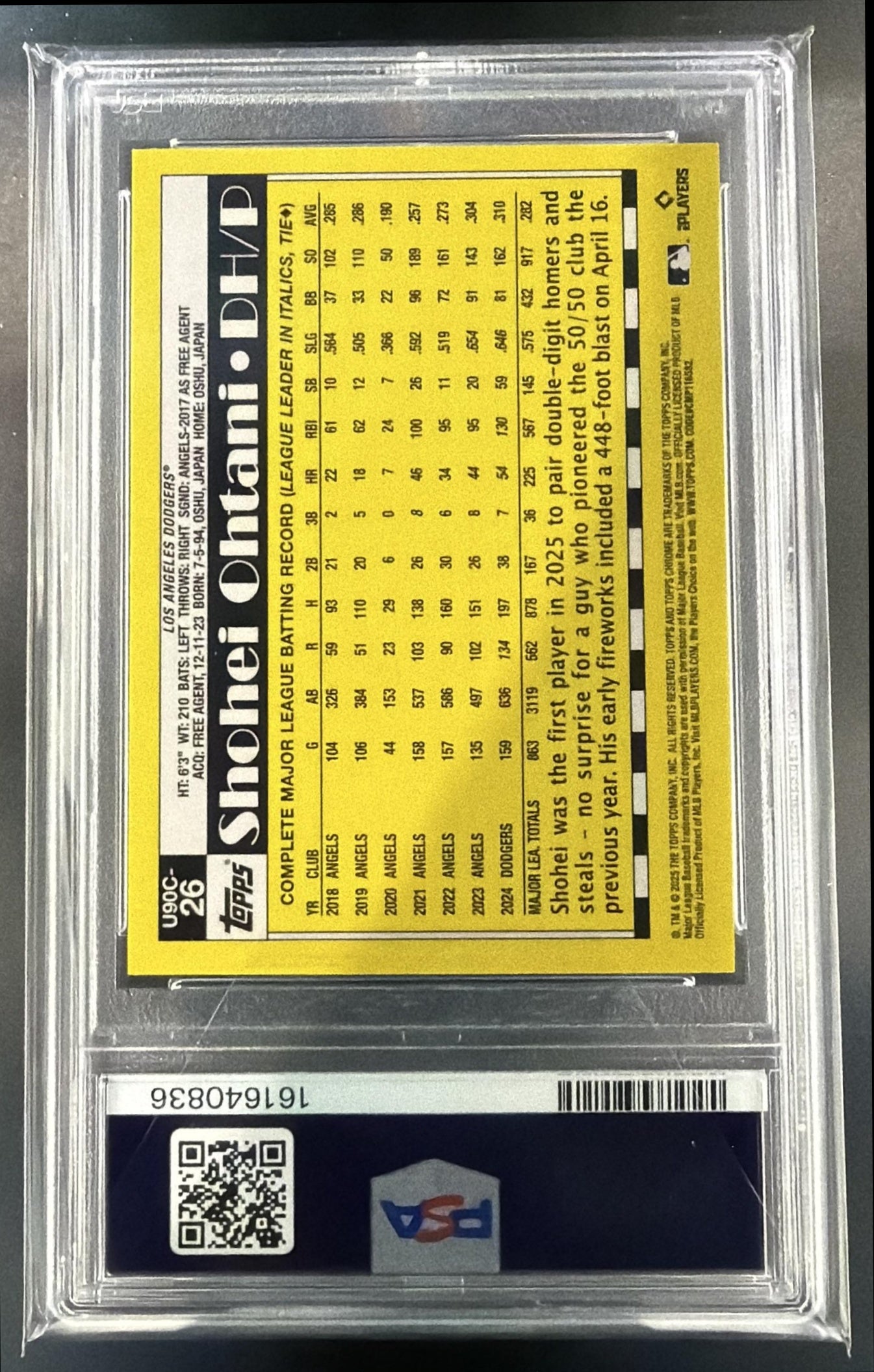 2025 Topps Update Shohei Ohtani #U90C-26 Silver Pack 1990 Chrome Dodgers PSA 10 — back