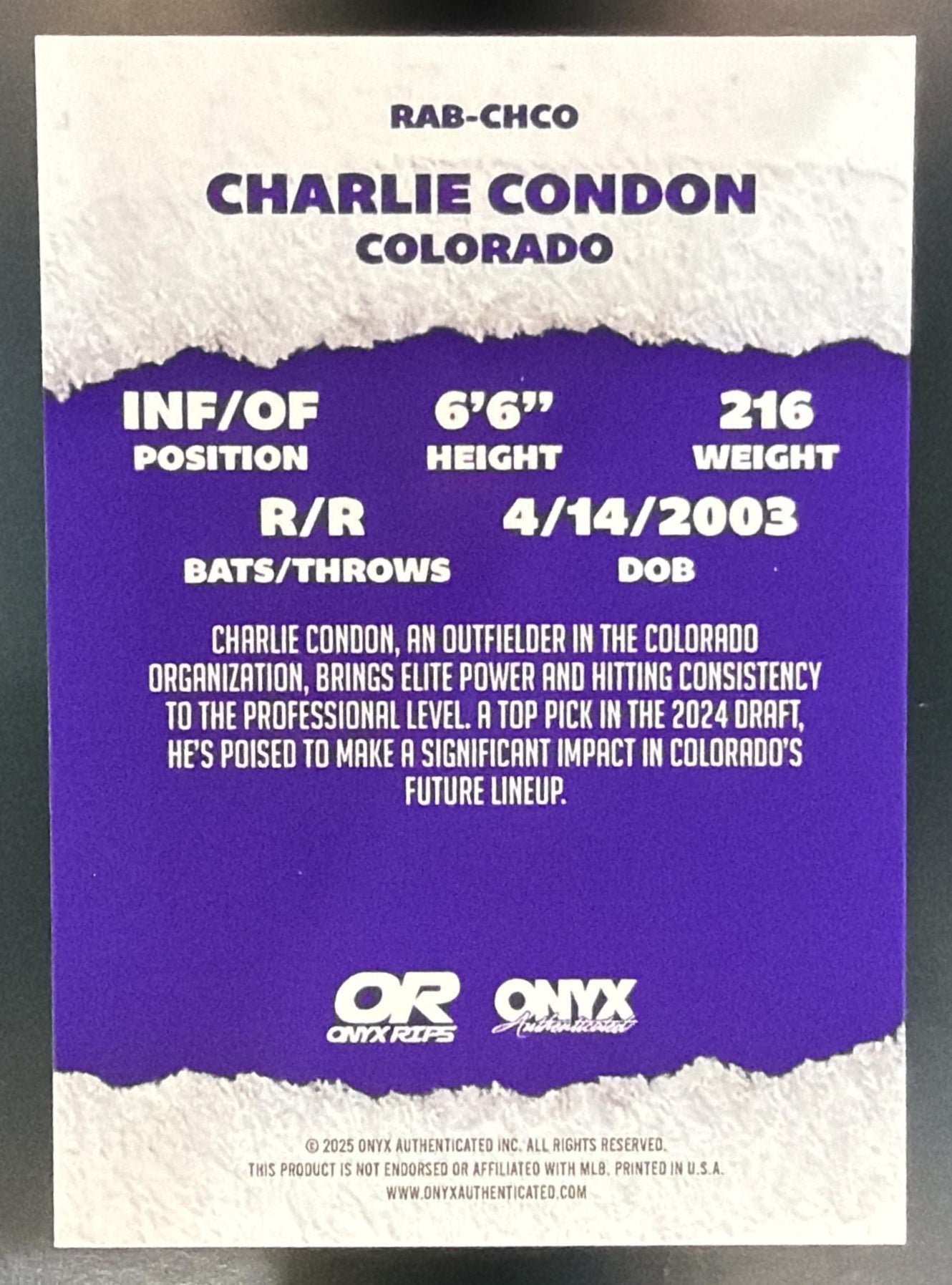2025 Onyx Rips Charlie Condon On Card Auto — back
