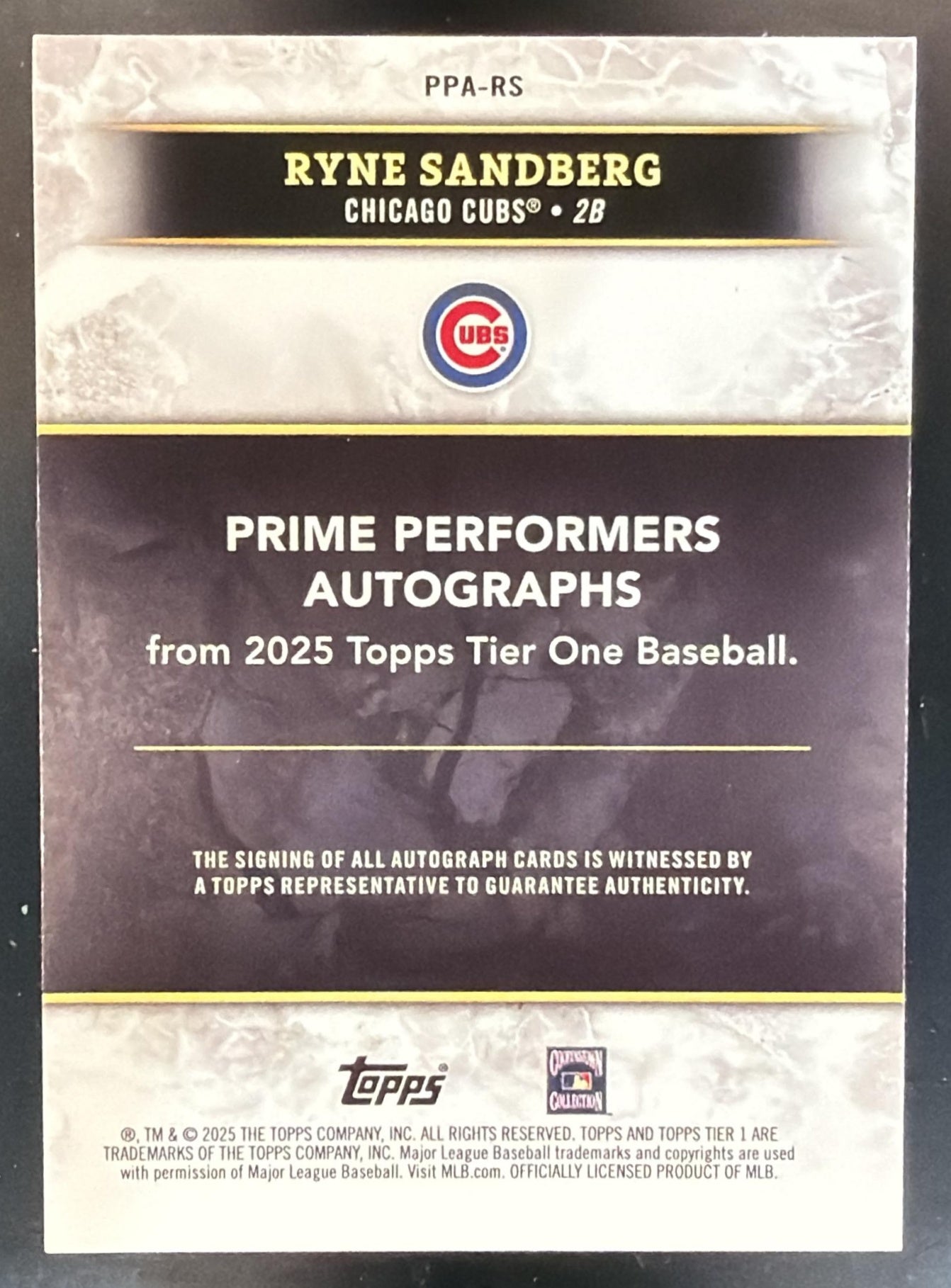 2025 Topps Tier One Ryne Sandberg #PPA-RS Prime Performers Auto /49 Cubs — back