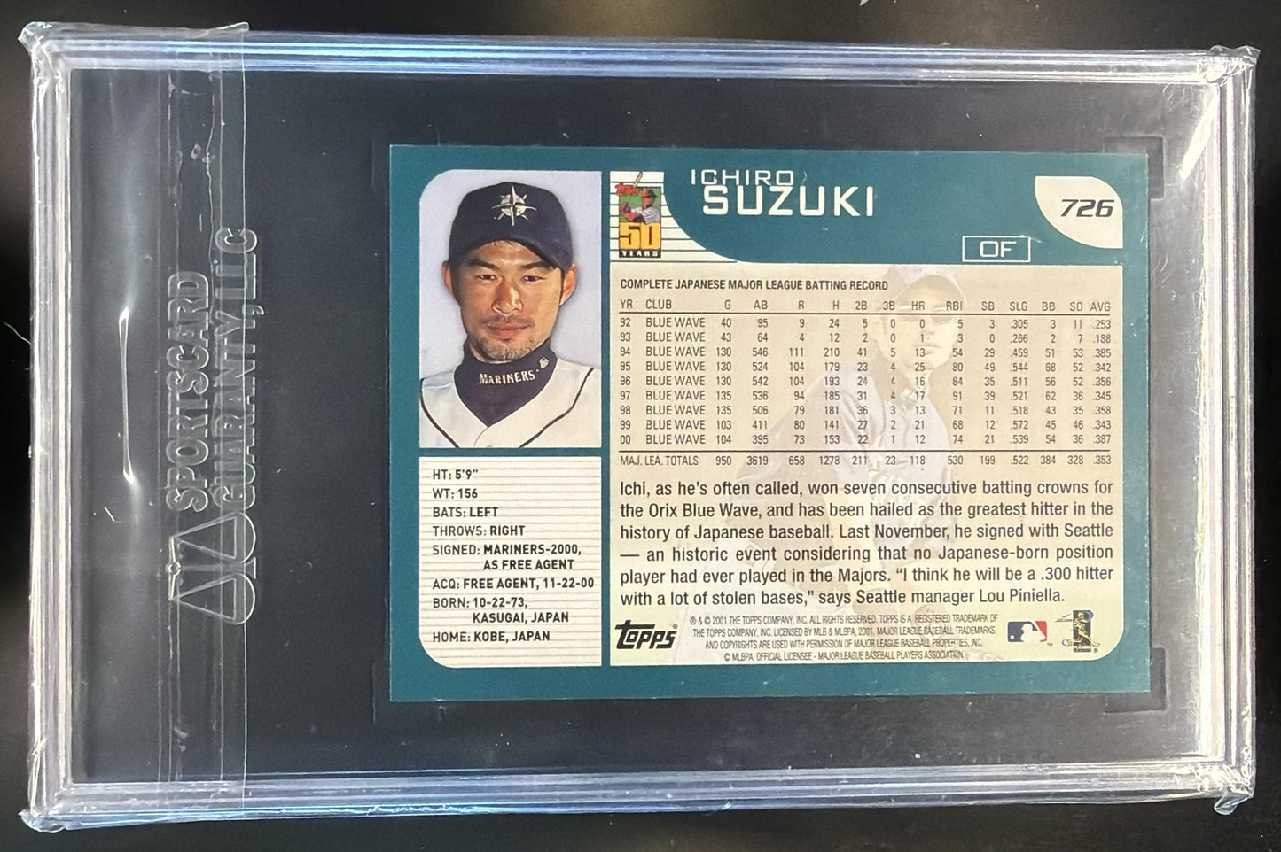 2001 Topps Ichiro Suzuki #726 RC Mariners SGC 8.5 — back