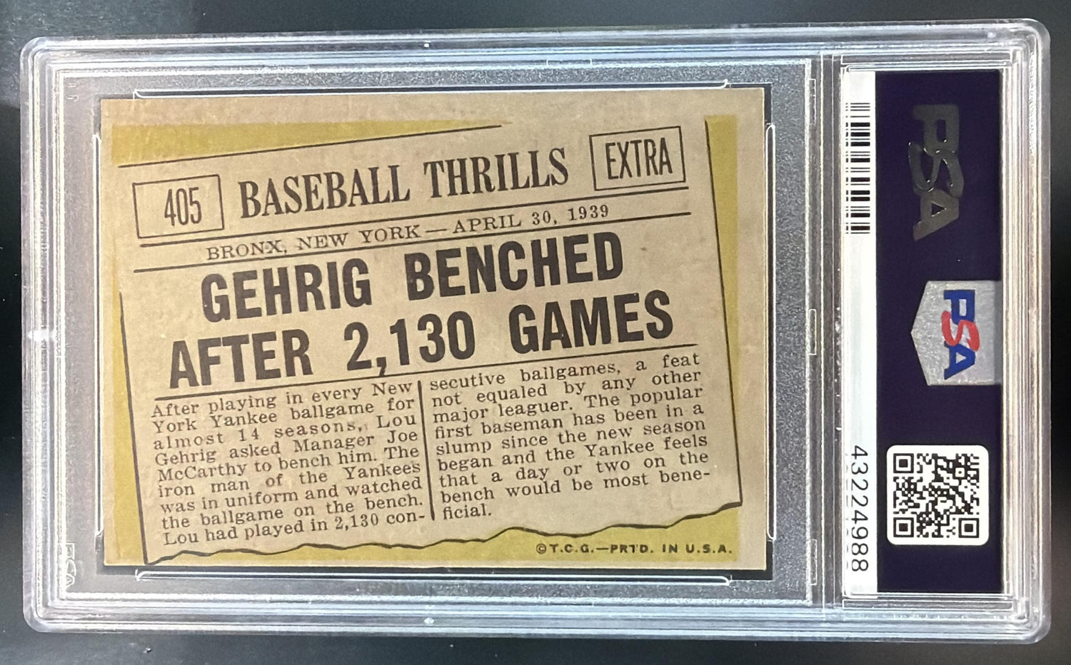 1961 Topps Gehrig Benched After 2130 Games BT #405 Yankees PSA 6 — back