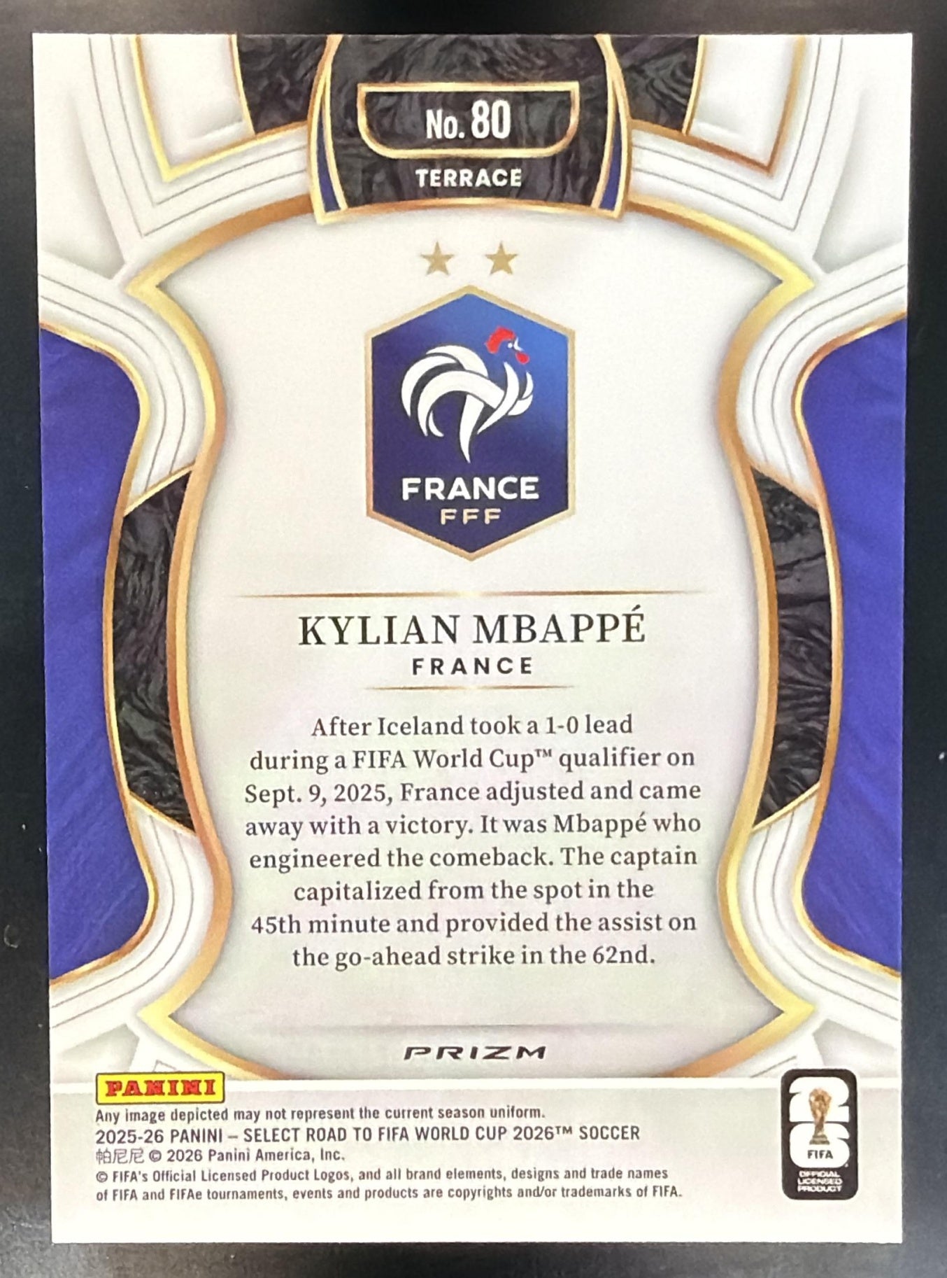 2025 Panini Select Road to FIFA World Cup Kylian Mbappe #80 Terrace Purple Mojo — back